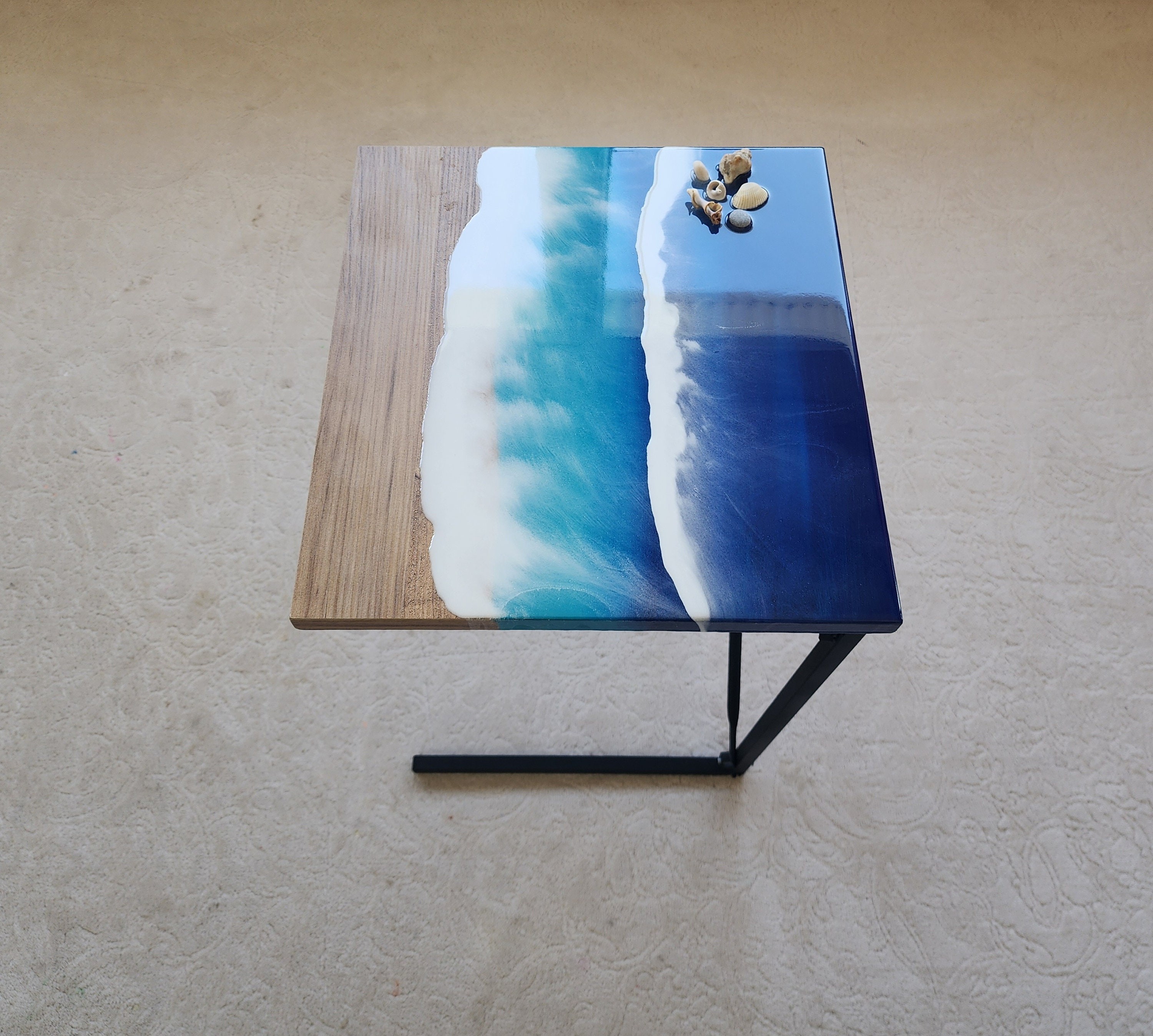 Small C Shape Ocean Wave Epoxy Resin Couch Table, Modern Nautical Sofa Side Sea End Table, Coastal Seashell Beach Snack Art Coffee Table