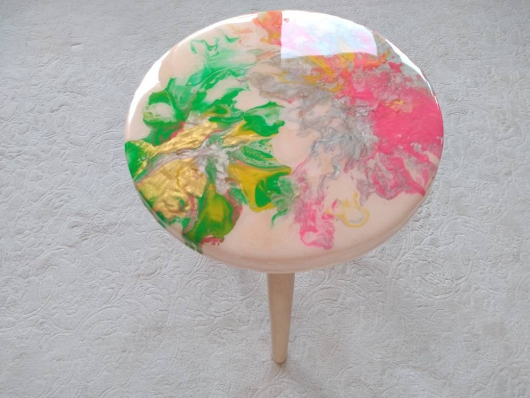 Round Gold Pink Resin Side Coffee Table, Bedside White Purple Modern Unique Epoxy Wood Wooden Abstract Art Sofa End Amazing Cool Table