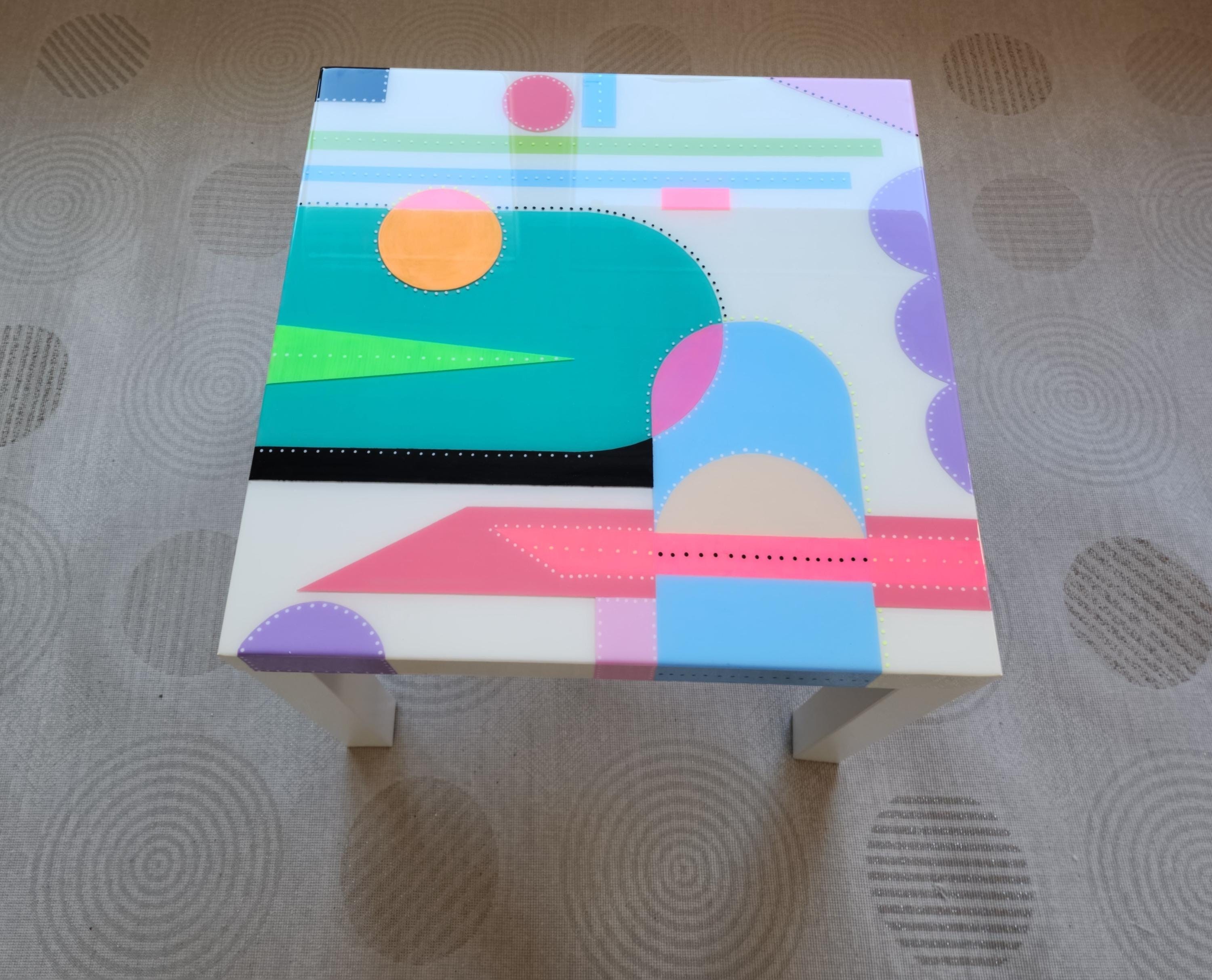 Square Colorful Funky Abstract Boho Resin Table,White Green Groovy Vibrant Wood Rainbow Retro Hippi End Side Cool Luxury Center Coffee Table