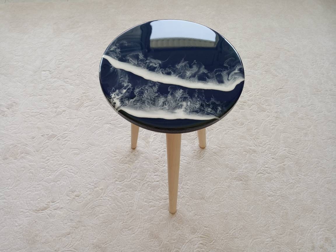 Round Ocean Wave Natural Resin Side Coffee Table,Beach Art Design Modern Small Wooden Sofa End Unique Living Room,Bedroom Bedside Cute Table