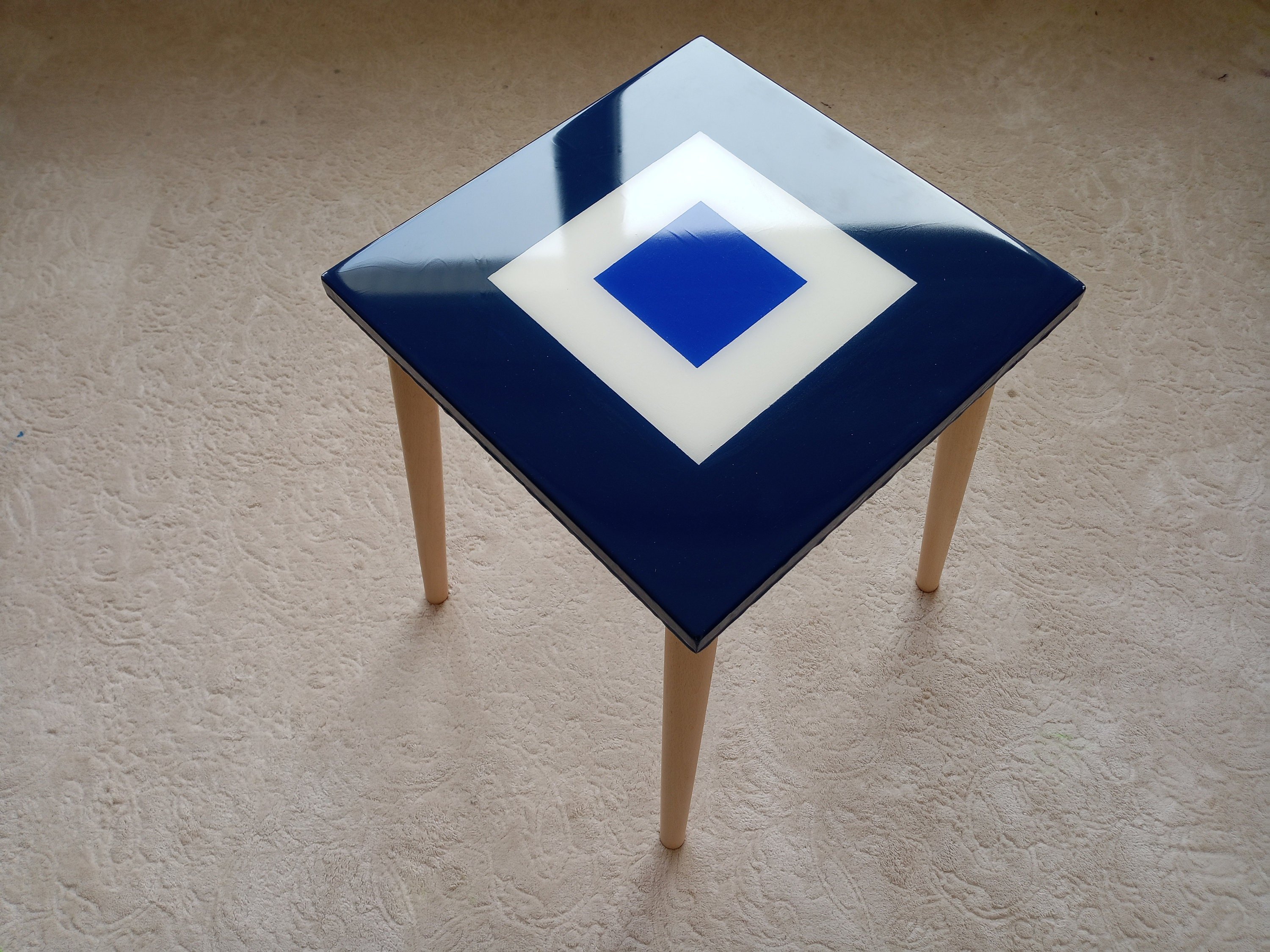 Square Resin Blue White Narrow Side Coffee Tables, Unique Wooden Bedside Living Room Modern Center End Sofa Minimal Abstract Epoxy Tables