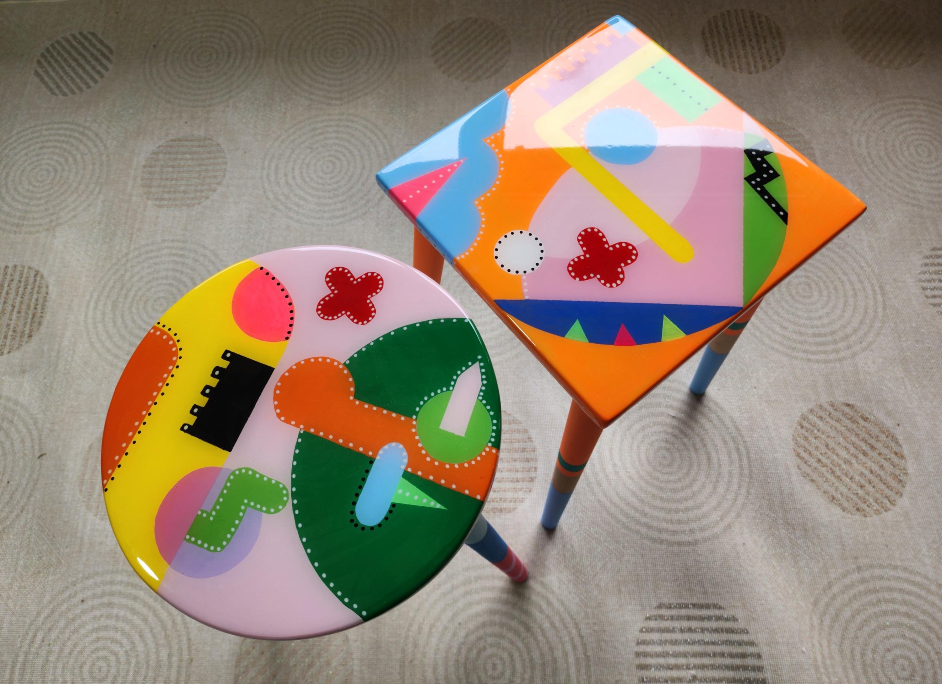 Colorful Funky Abstract Cool Furniture,Resin Side Coffee Tables Wooden Modern Pink Orange Acrylic Painted Quirky Bedside Cute Art Nightstand