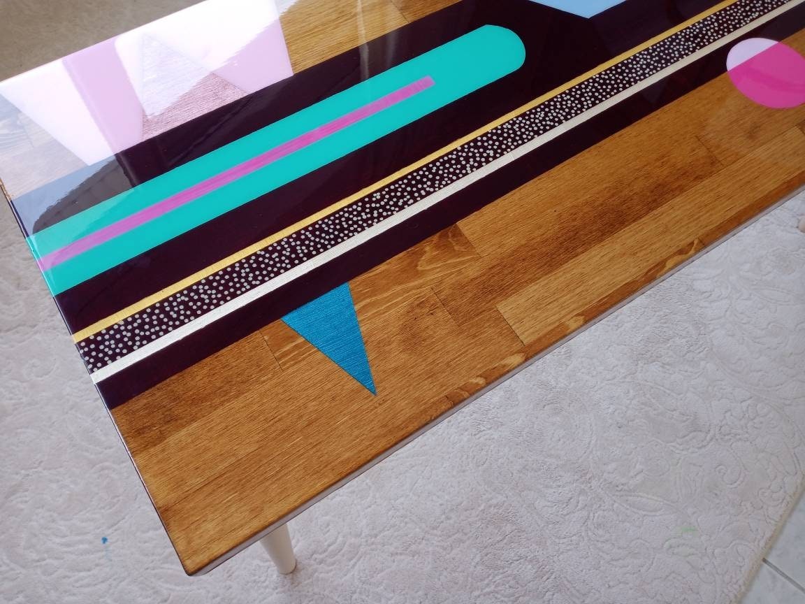 Colorful Mid Century Modern Resin Side Coffee Table, Abstract Vintage Retro Eclectic Living Room Pop Art Custom Made Unique Boho Cute Table
