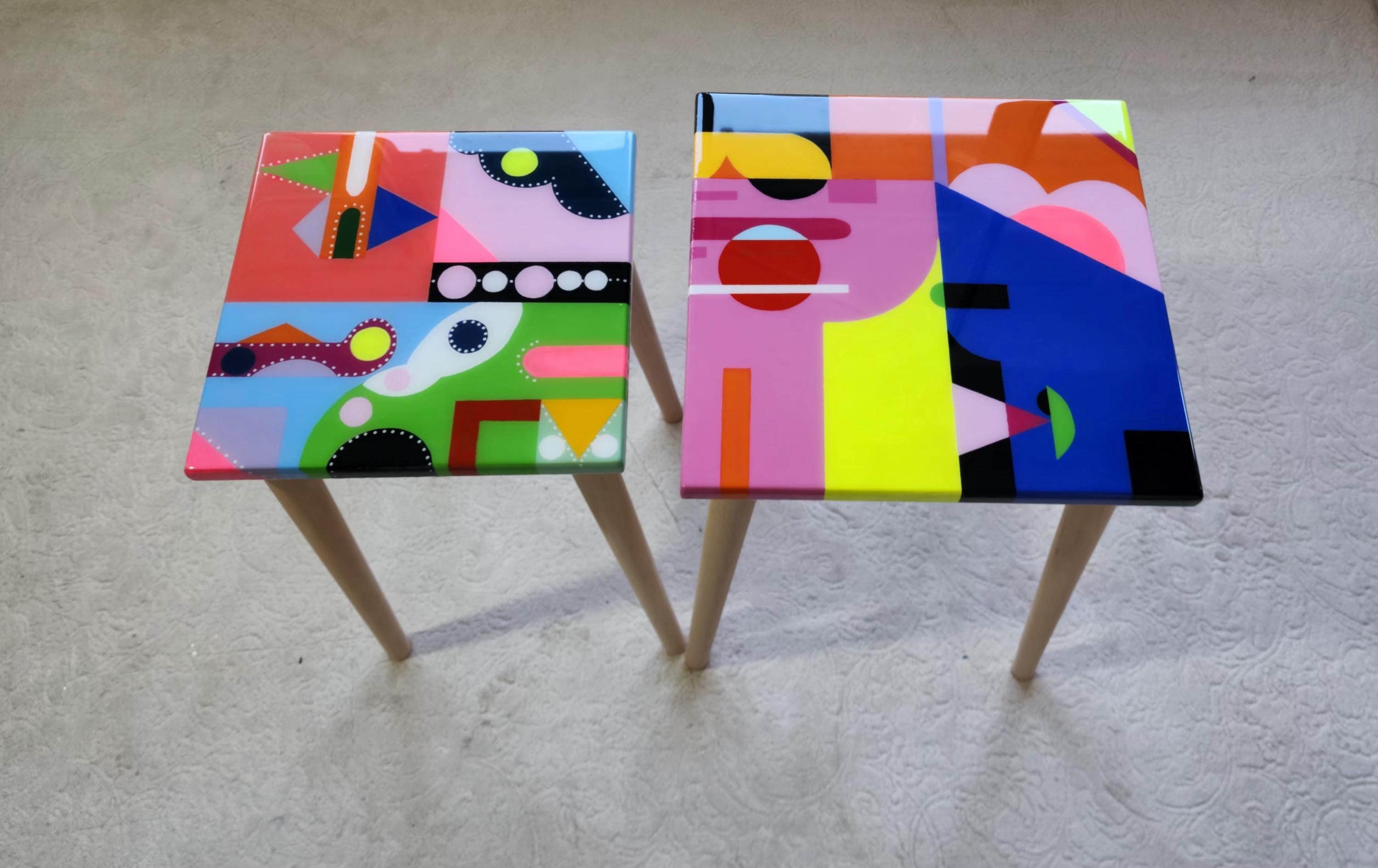 Colorful Small Funky Hand Painted Epoxy Resin Side Coffee Tables