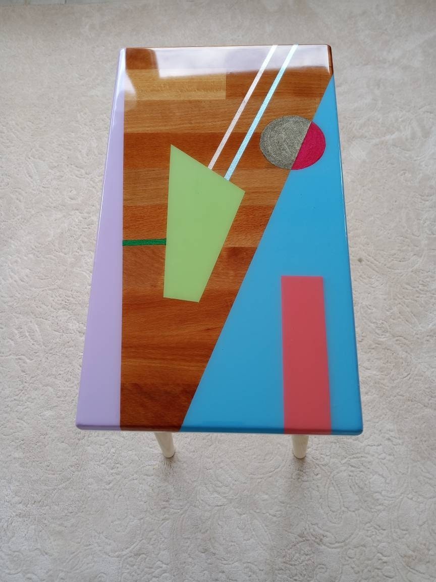 Small Bedside Narrow Resin Side Coffee Table, Unique Wood Wooden Blue Epoxy End Sofa Living Room Colorful Cool Abstract Funky Art Furniture
