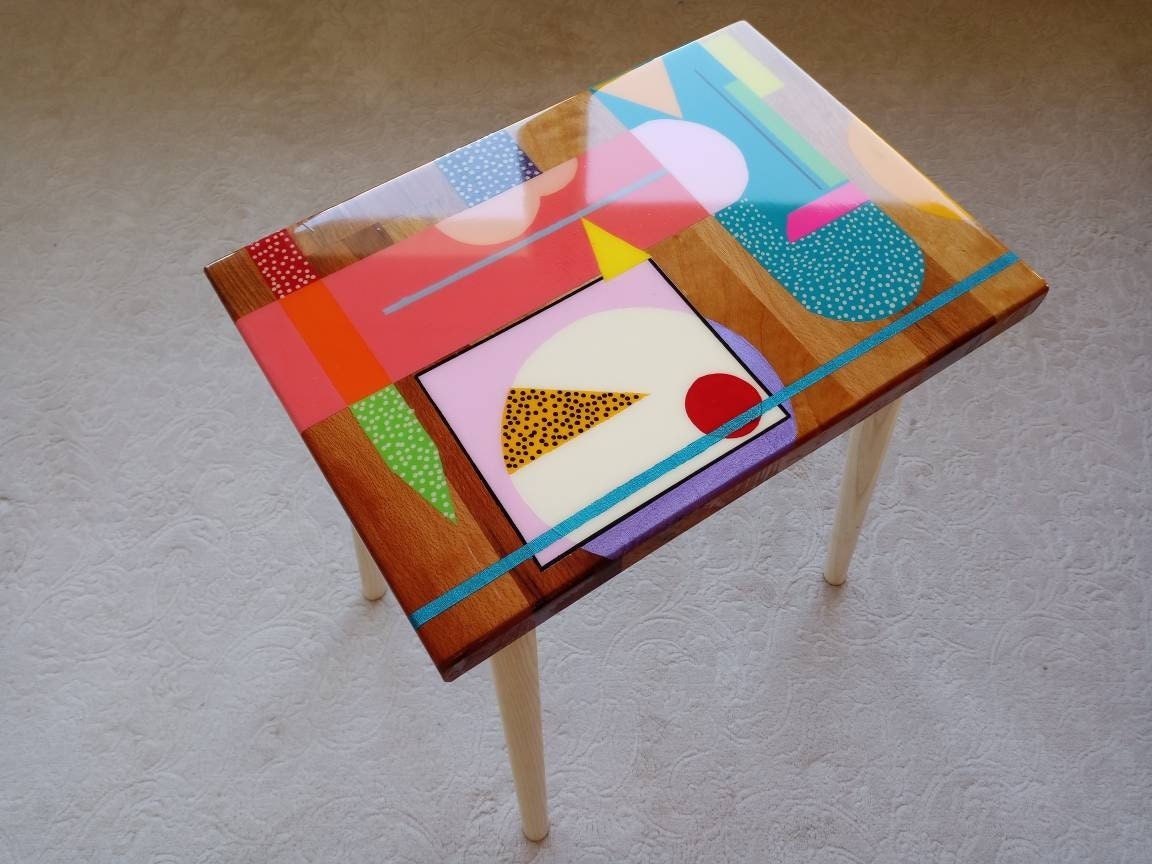 Small Wooden Handmade Resin Cool Side Coffee Table,Pink Modern Bedside Living Room Entryway End Colorful Abstract Funky Boho Epoxy Art Table