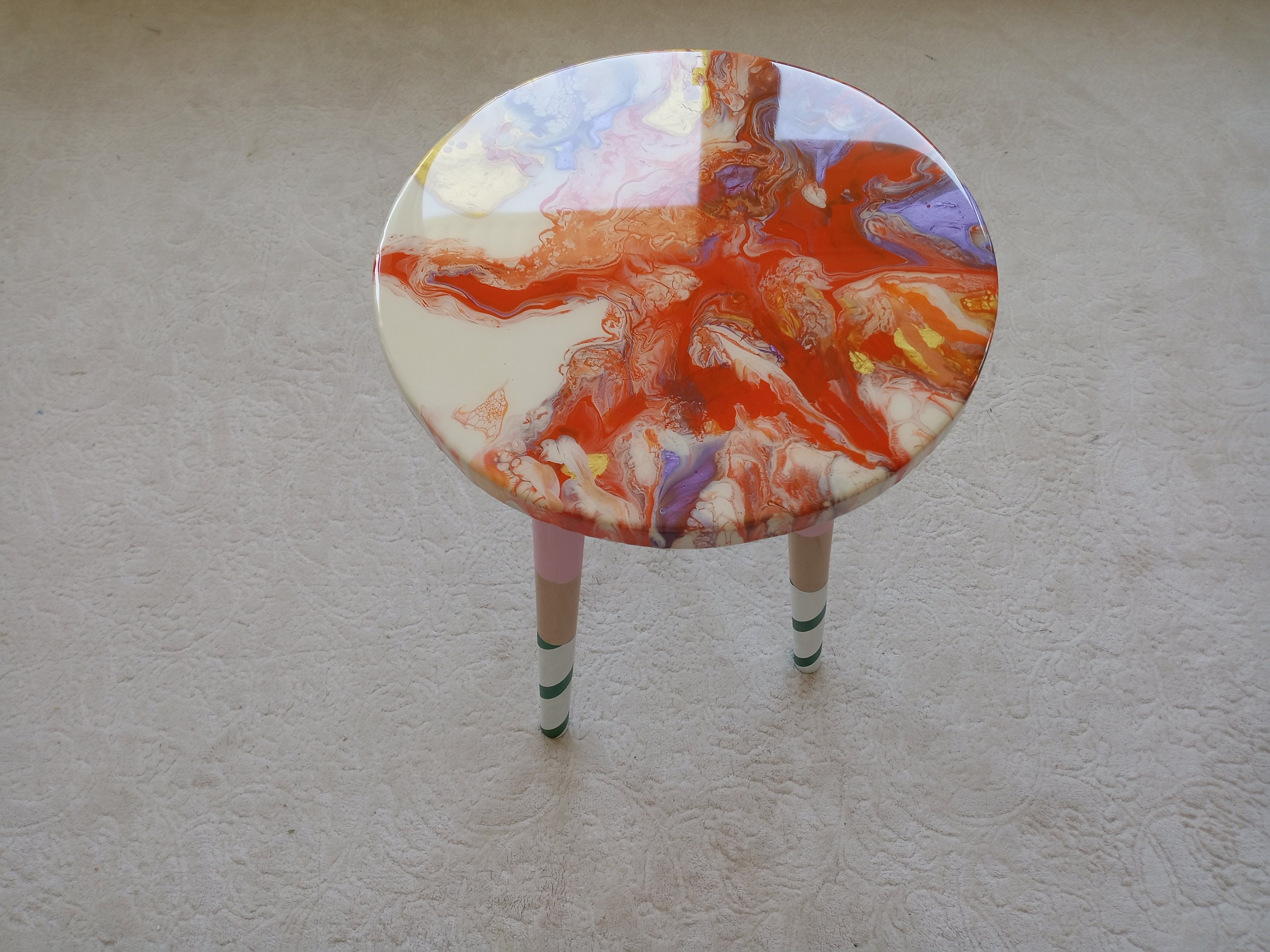 Colorful Abstract Vibrant Wooden Resin Side Coffee Table, Unique Acrylic  Painted Orange Eclectic Cute Epoxy End Boho Cool Small Art Table