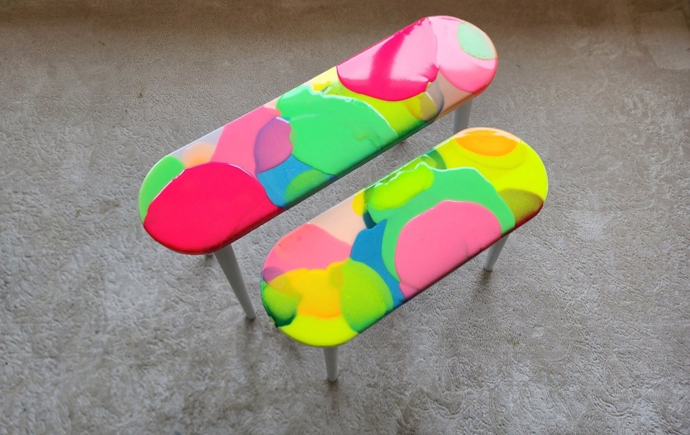 Oval Pink Funky Neon Painted 3D Abstract Resin Coffee Tables, Maximalist Eclectic  Cool Colorful Epoxy Nesting Cute Unusual Side Art Tables