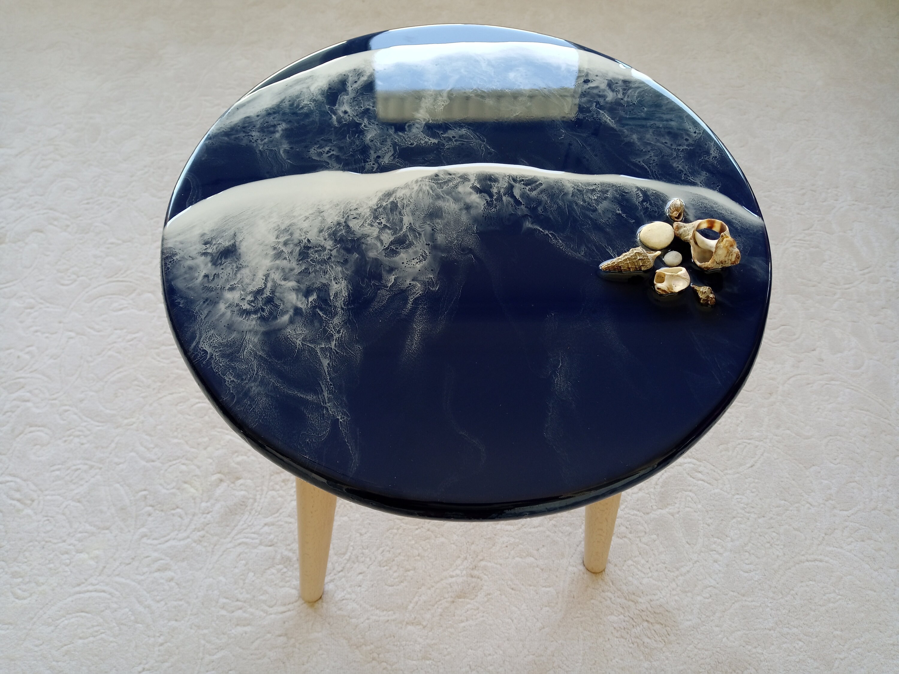 Dark Blue Ocean Wave Resin Side Coffee Table, Round Small Unique Beach House Decor,Living Room Bedside Natural Coastal Cool End Art Table