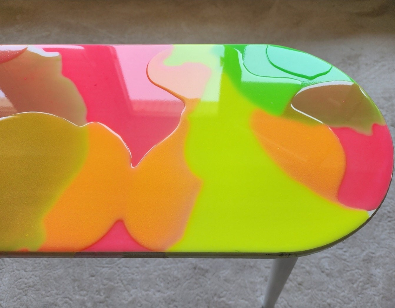 Modern Colorful Abstract Resin Funky Pink Side Coffee Table, Wooden Multicolor Furniture Cool Living Room Epoxy Art Live Edge Boho End Table