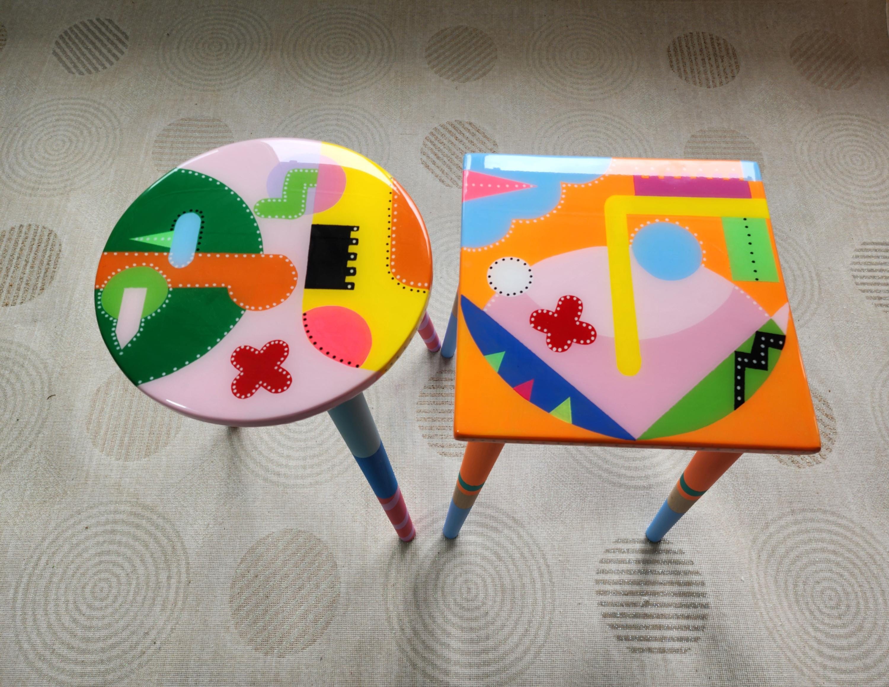 Colorful Funky Abstract Cool Furniture,Resin Side Coffee Tables Wooden Modern Pink Orange Acrylic Painted Quirky Bedside Cute Art Nightstand