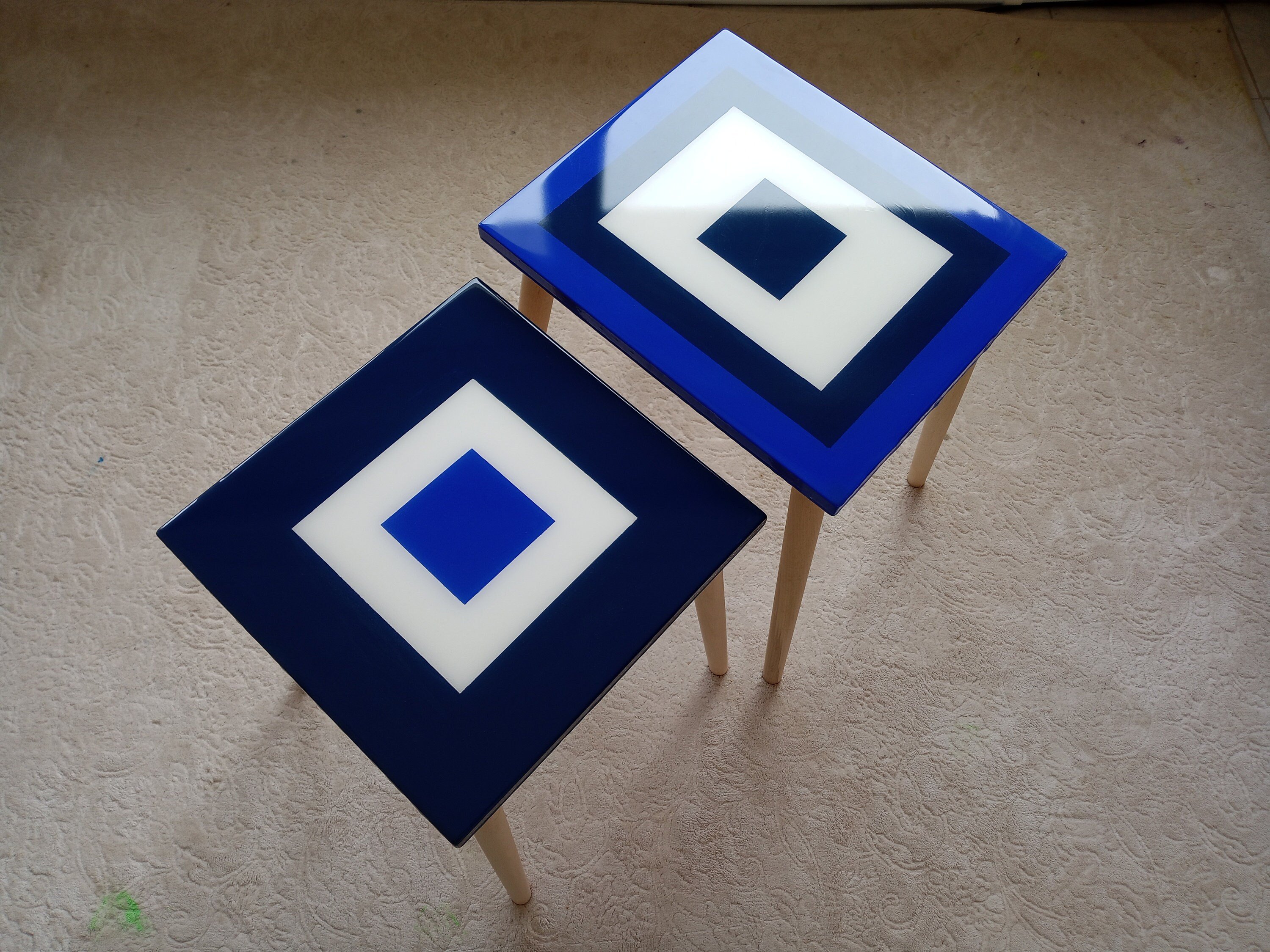 Square Resin Blue White Narrow Side Coffee Tables, Unique Wooden Bedside Living Room Modern Center End Sofa Minimal Abstract Epoxy Tables