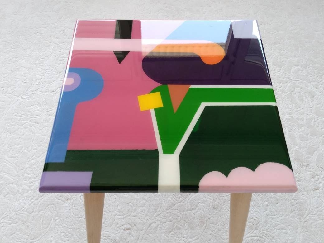 Unusual Colorful Acrylic Painted Resin Abstract Side Coffee Table,Modern Pink Green Retro Funky Cool Bedside Entryway Center Epoxy Art Table