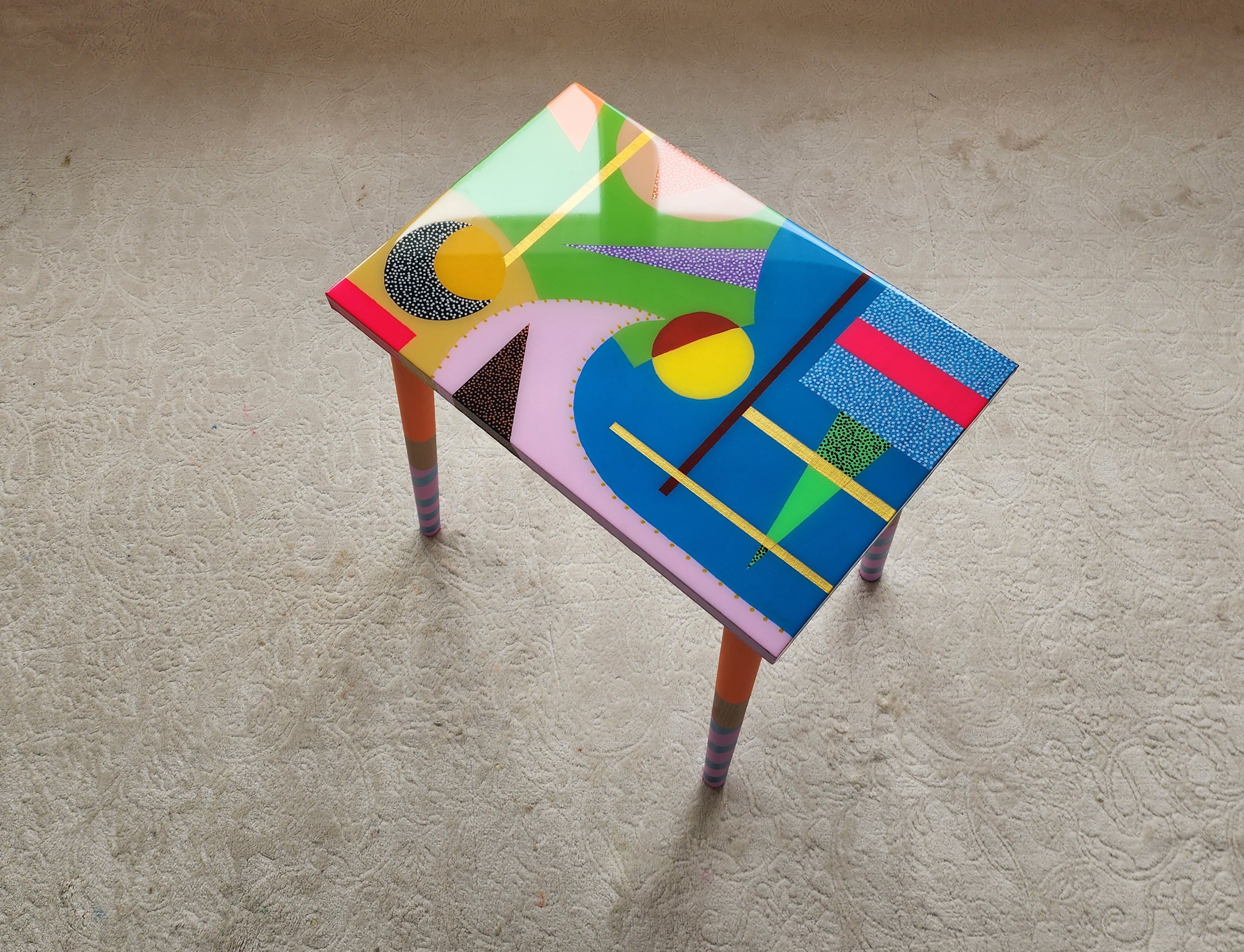 Unusual Unique Wooden Retro Epoxy Resin Blue Green Side Coffee Table