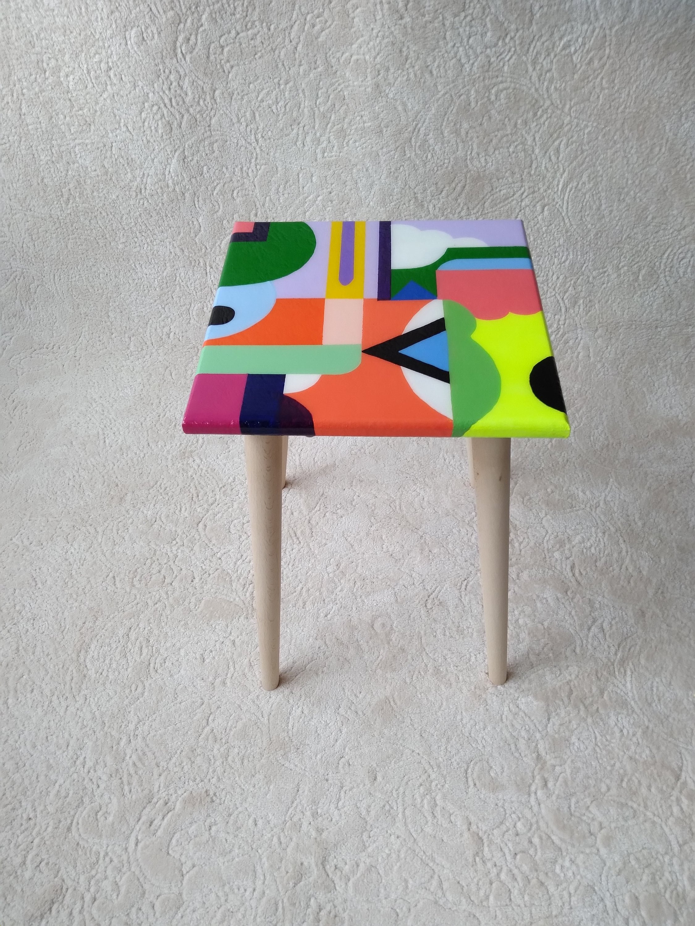 Colorful Abstract Funky Cool Resin Side Coffee Table,Wooden Square Center Corner Bedside Rainbow Pink Pop Art Design Unusual Epoxy End Table