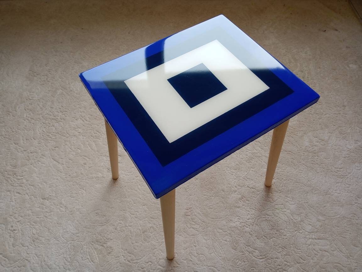 Square Resin Blue White Narrow Side Coffee Tables, Unique Wooden Bedside Living Room Modern Center End Sofa Minimal Abstract Epoxy Tables