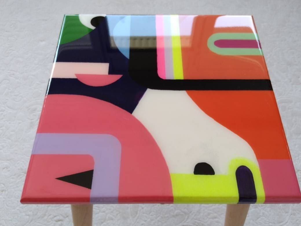 Small Abstract Colorful Resin Side End Coffee Table, Modern Mid Century Style Orange Yellow Unique Wooden Funky Boho Cool Art Coffee Table