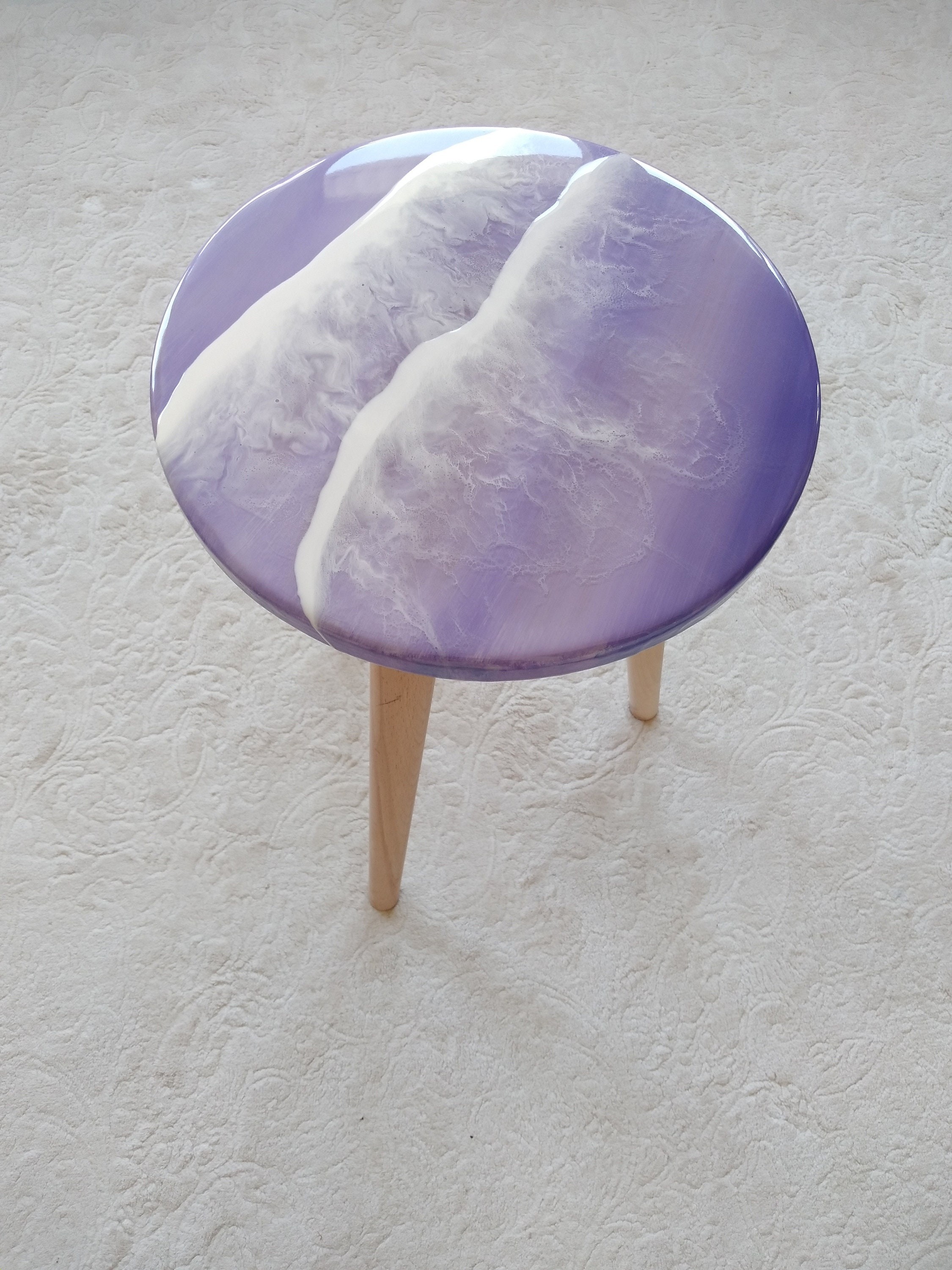 Unique Ocean Wave Resin Side Coffee Table, Beach Design Modern Purple Natural Wood Art Sofa Living Room Bedside Cool Live Edge River Table