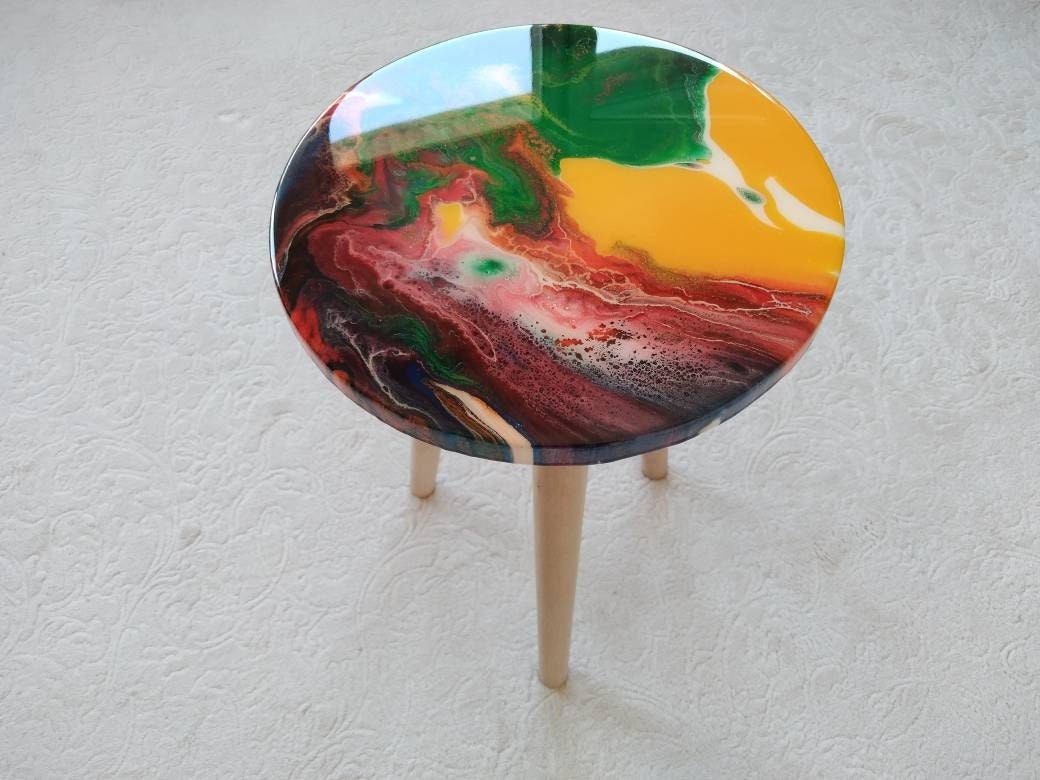 Round Yellow Red Side Resin Coffee Table, Bedside Blue Green Modern Unique Wood Handmade Wooden Abstract Art Sofa End Cool Amazing Table