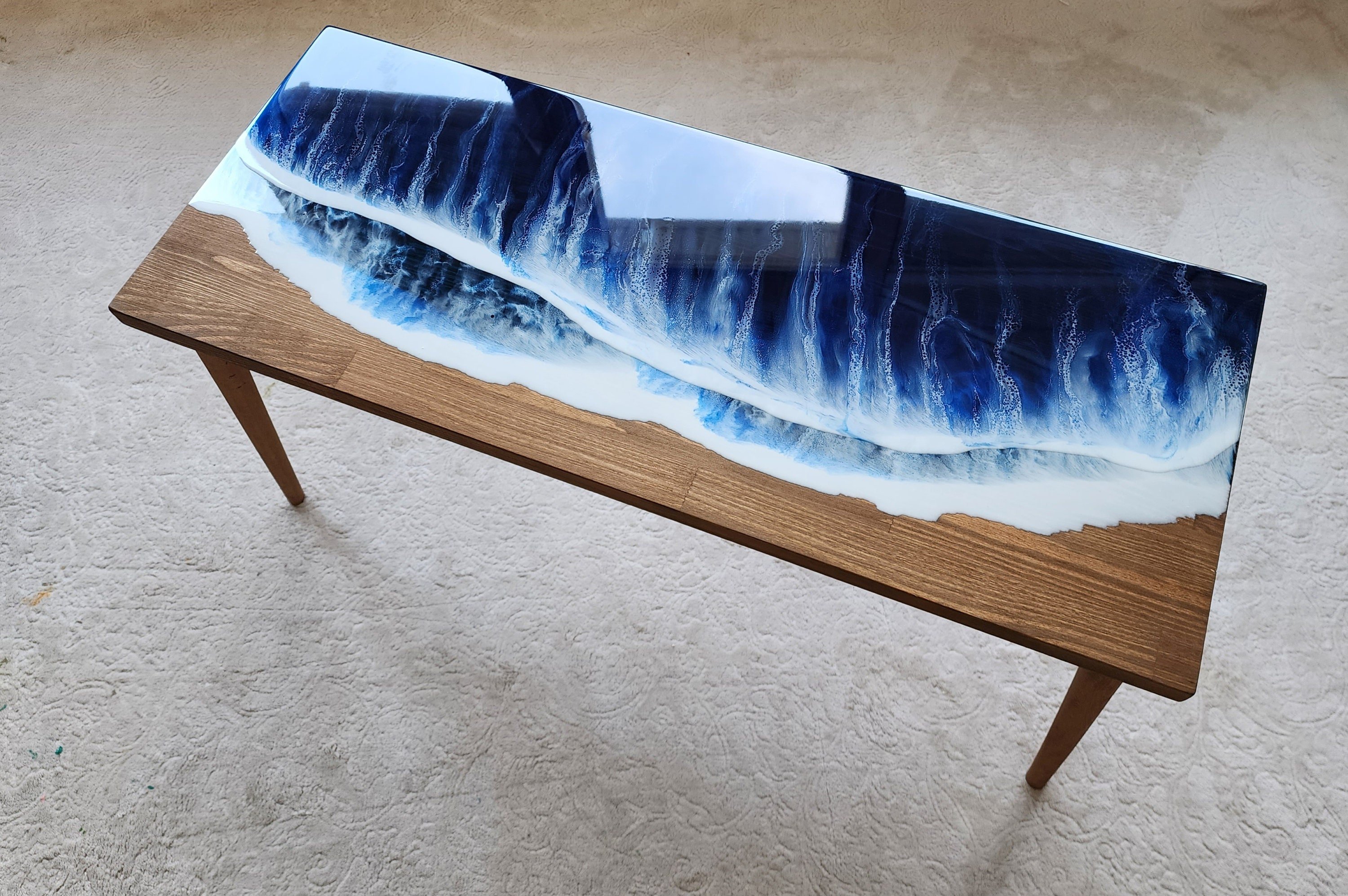 Natural Ocean Wave Blue Epoxy Resin Side Table, Wooden Beach Themed Living Room Bedroom Entryway Nautical Cool End Sofa Sea Art Coffee table