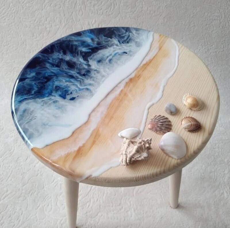 Round Ocean Wave Resin Side Coffee Table, Unique Wood Bedside Sofa End Natural Wooden Beach Themed Sea Art Coffee Table