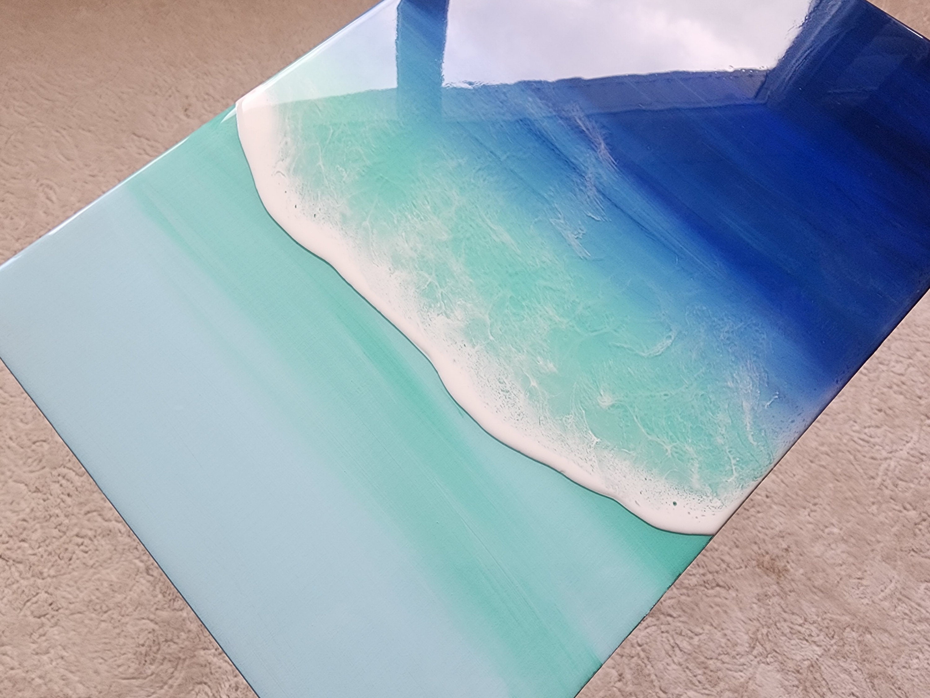 Beach Themed Epoxy Resin Ocean Wave Side Coffee Table, Coastal Blue Natural Sea Table,Unique Groovy Sofa End Table,Modern Painted Legs Table