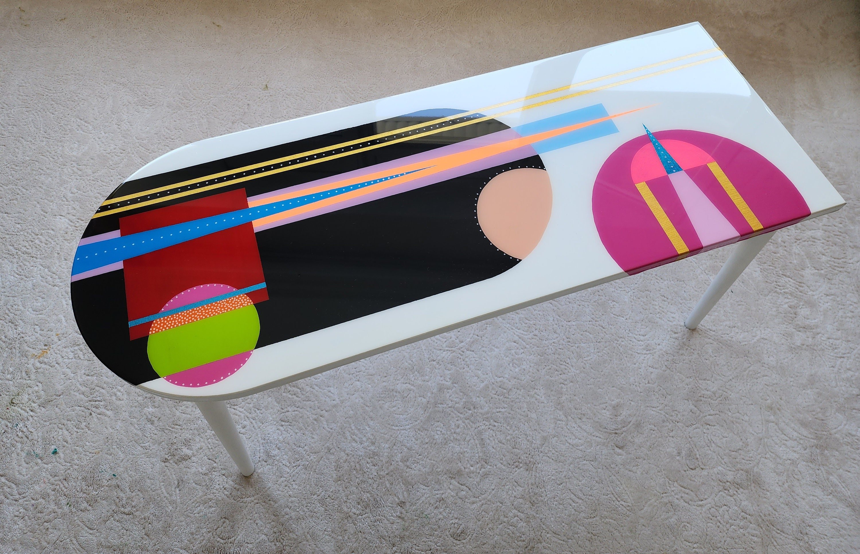Unusual Colorful Abstract Funky Epoxy Resin White Table, Modern Handmade Cool Eclectic Retro Boho Pop Art Black Side End Center Coffee Table