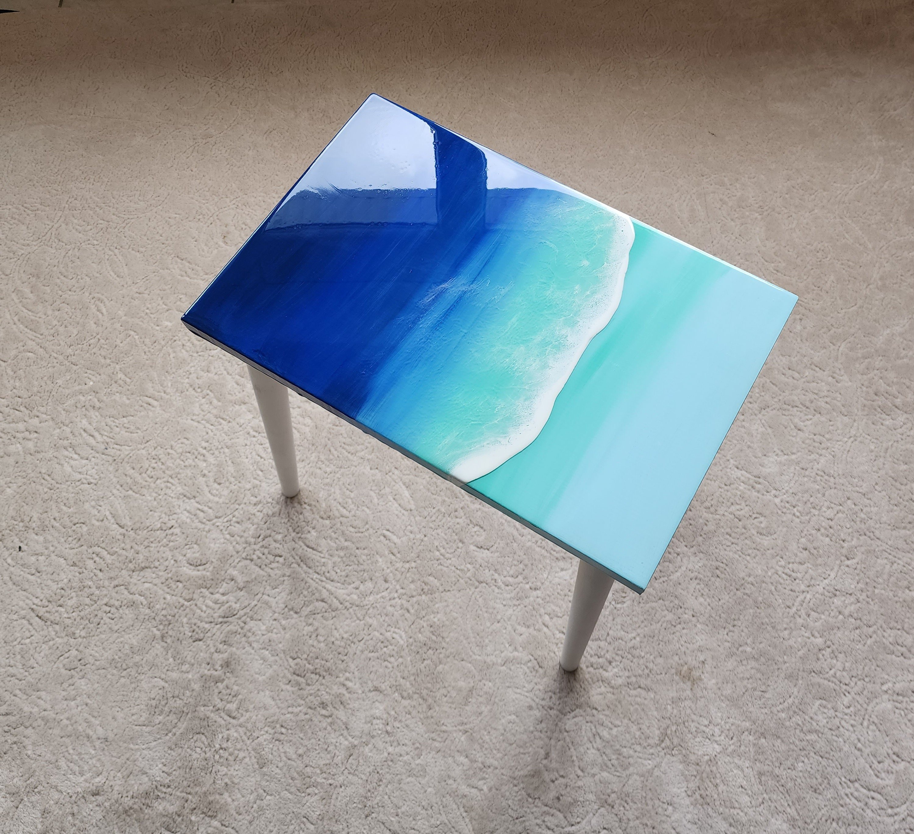 Beach Themed Epoxy Resin Ocean Wave Side Coffee Table, Coastal Blue Natural Sea Table,Unique Groovy Sofa End Table,Modern Painted Legs Table