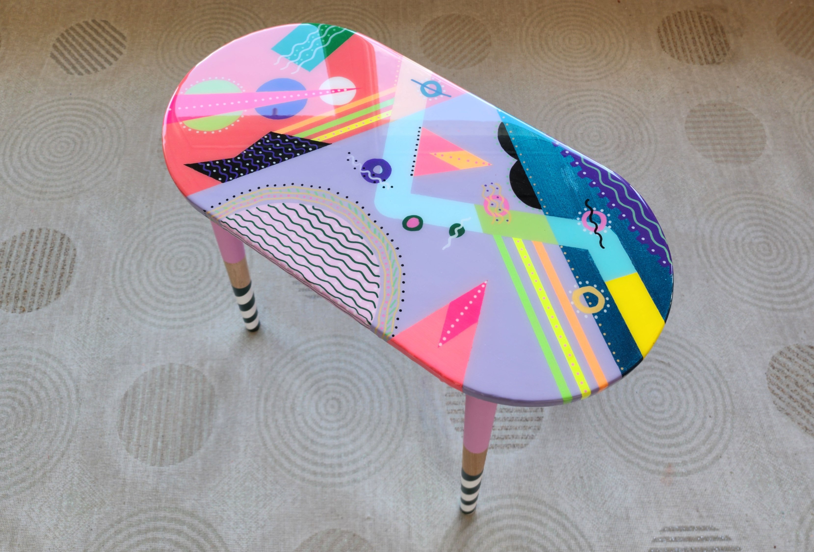 Wooden Oval Colorful Abstract Funky Resin Side Table