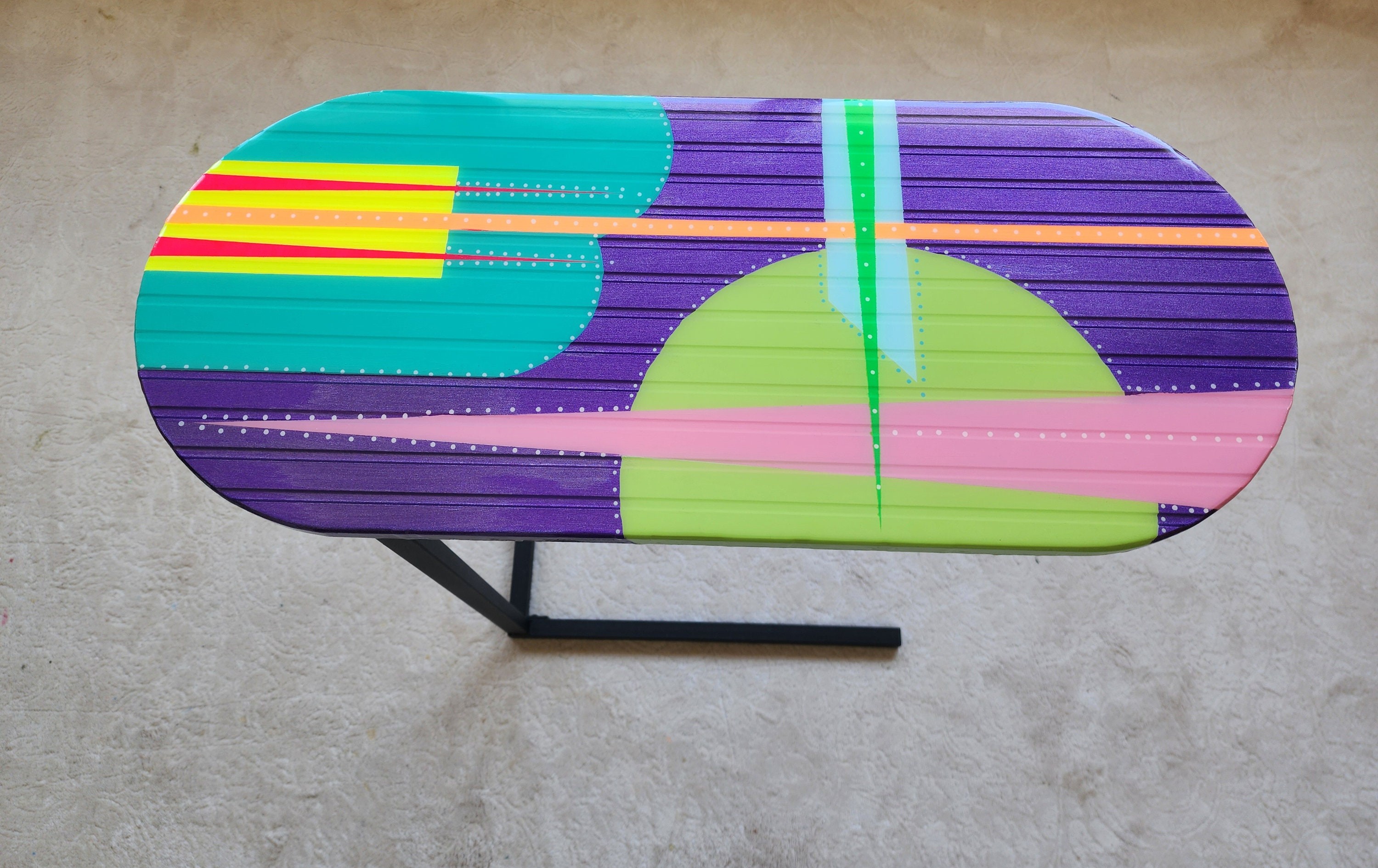 Wooden C Shape Colorful Side End Resin Coffee Table With Metal Legs, Abstract Cool Vintage Retro Modern Geometric Design Purple Couch Table