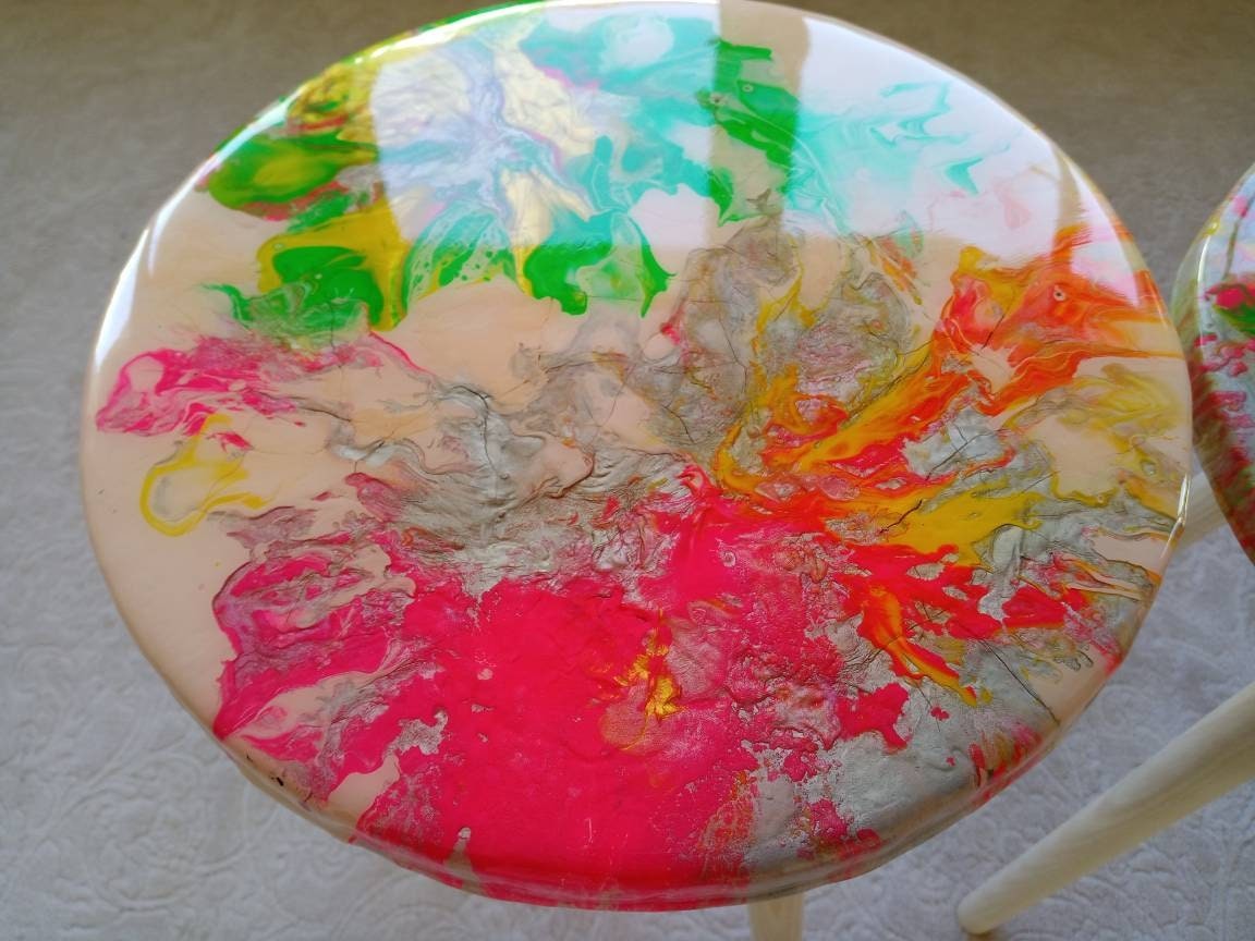 Round Abstract Pink Green Epoxy Resin Side Coffee Tables