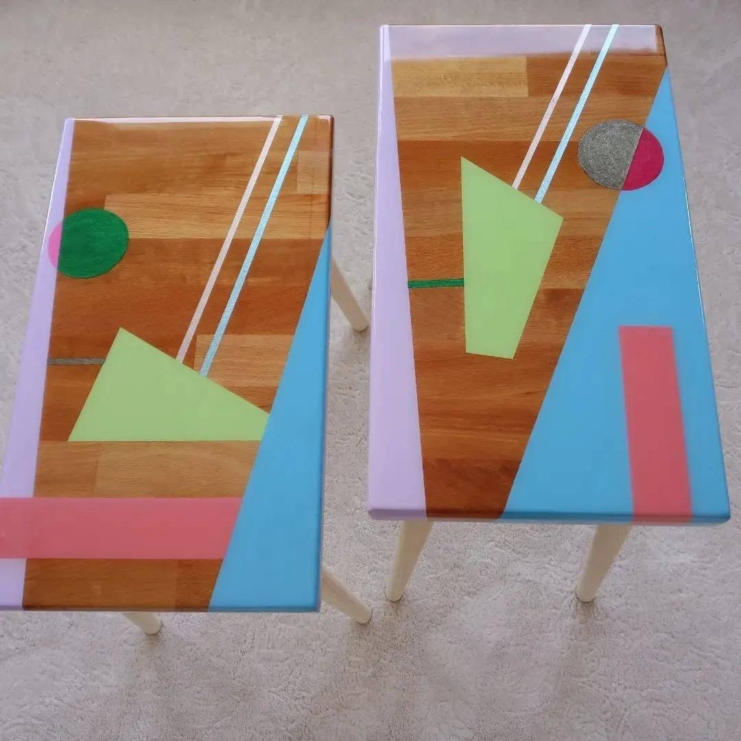 Modern Resin Narrow Colorful Abstract Side Tables , Unique Bedside Living Room Table, Wooden Sofa End Epoxy Art Blue Pink Green Coffee Table