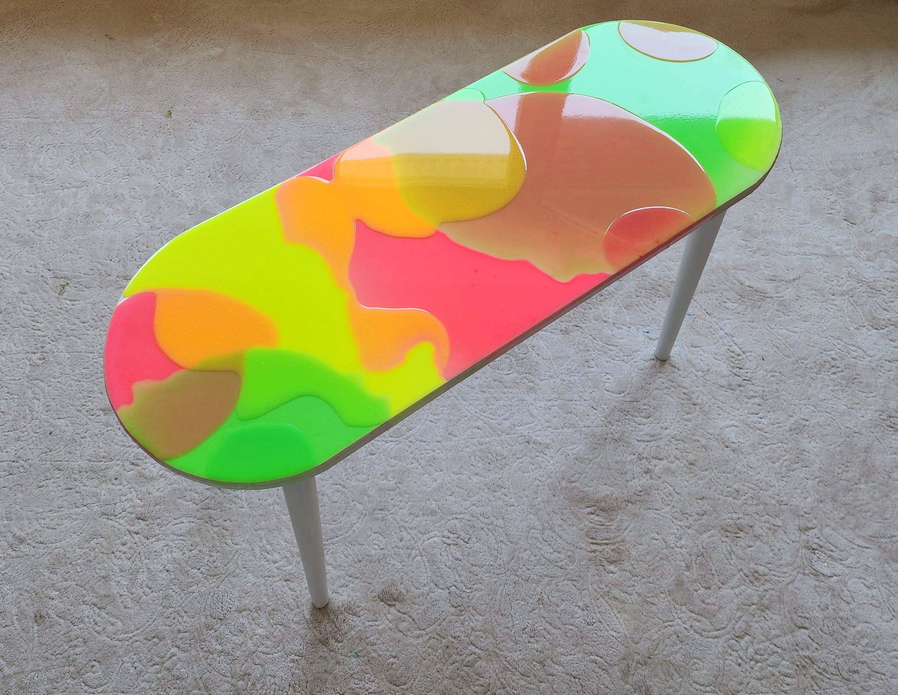 Colorful Parametric Epoxy Resin 3D Side End Oval Coffee Table,Maximalist Abstract Modern Vibrant Painted Groovy Funky Cool Pink Art Table