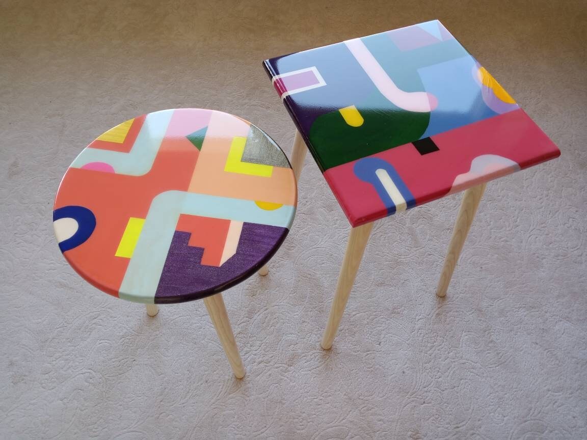 Colorful Wooden Resin Funky Boho Side Coffee Tables,Unique Pink Orange Bedside Modern Sofa End Epoxy Art Tables,Round Square Abstract Table