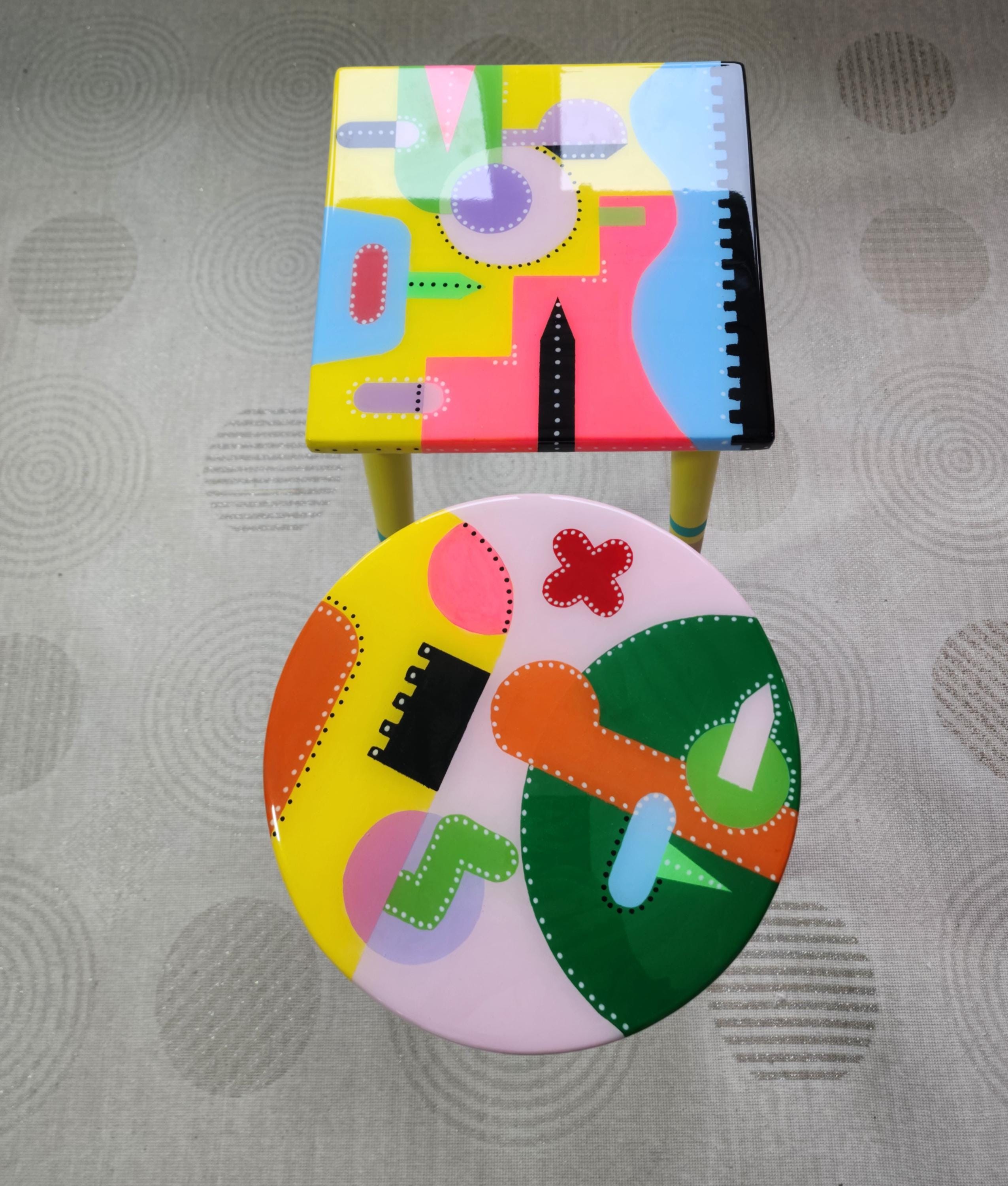 Colorful Painted Funky Abstract Cool Resin Side Coffee Tables,Wooden Modern Pink Orange Acrylic Quirky Bedside Furniture Cute Art Nightstand