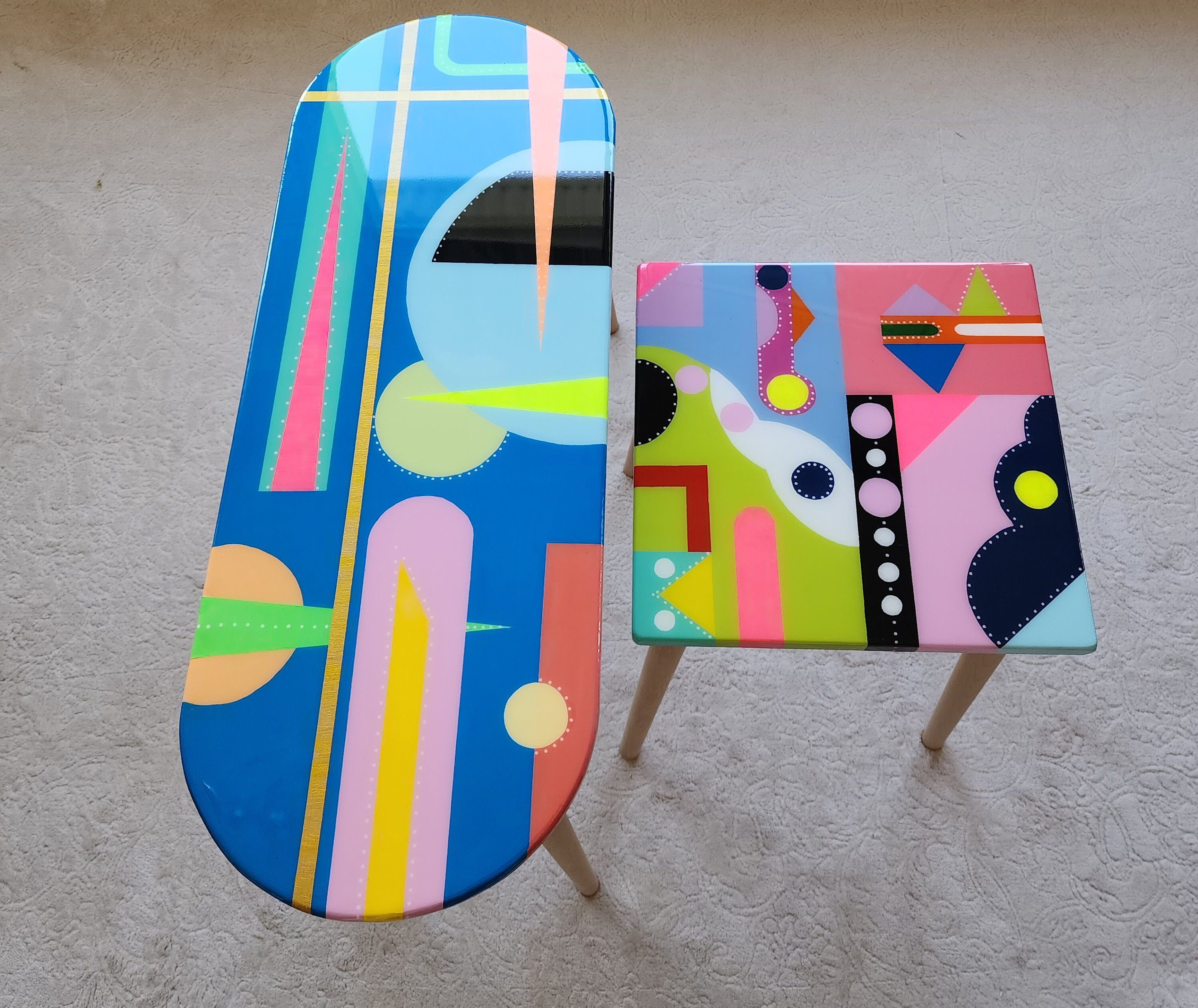 Whimsical Funky Colorful Resin Side Coffee Tables,Abstract Cool Oval Square Rainbow Geometric Design Center Corner Entryway Epoxy Art Tables