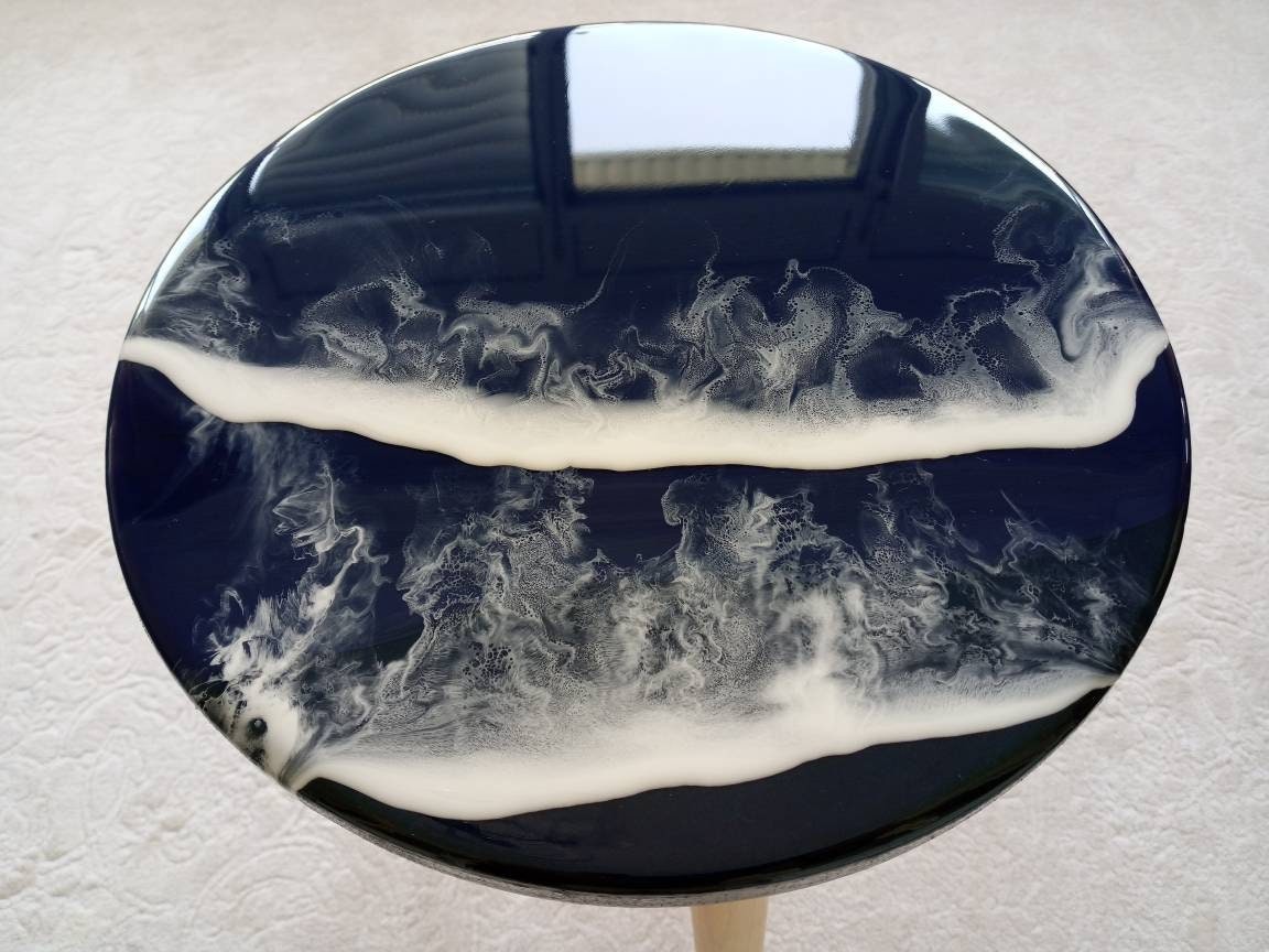 Round Ocean Wave Natural Resin Side Coffee Table,Beach Art Design Modern Small Wooden Sofa End Unique Living Room,Bedroom Bedside Cute Table