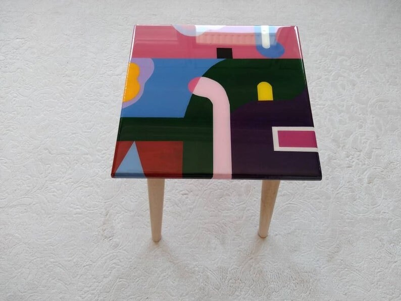 Modern Small Abstract Resin Side Tables, Unique Wood Sofa End Epoxy Living Room Bedside Entryway Cool Funky Fun Pink Blue Boho Coffee Table