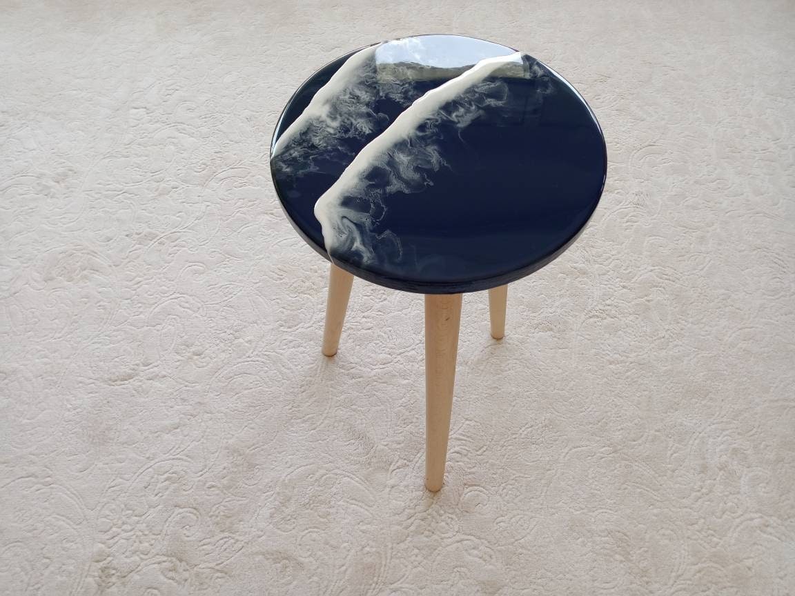 Round Ocean Wave Natural Resin Side Coffee Table,Beach Art Design Modern Small Wooden Sofa End Unique Living Room,Bedroom Bedside Cute Table