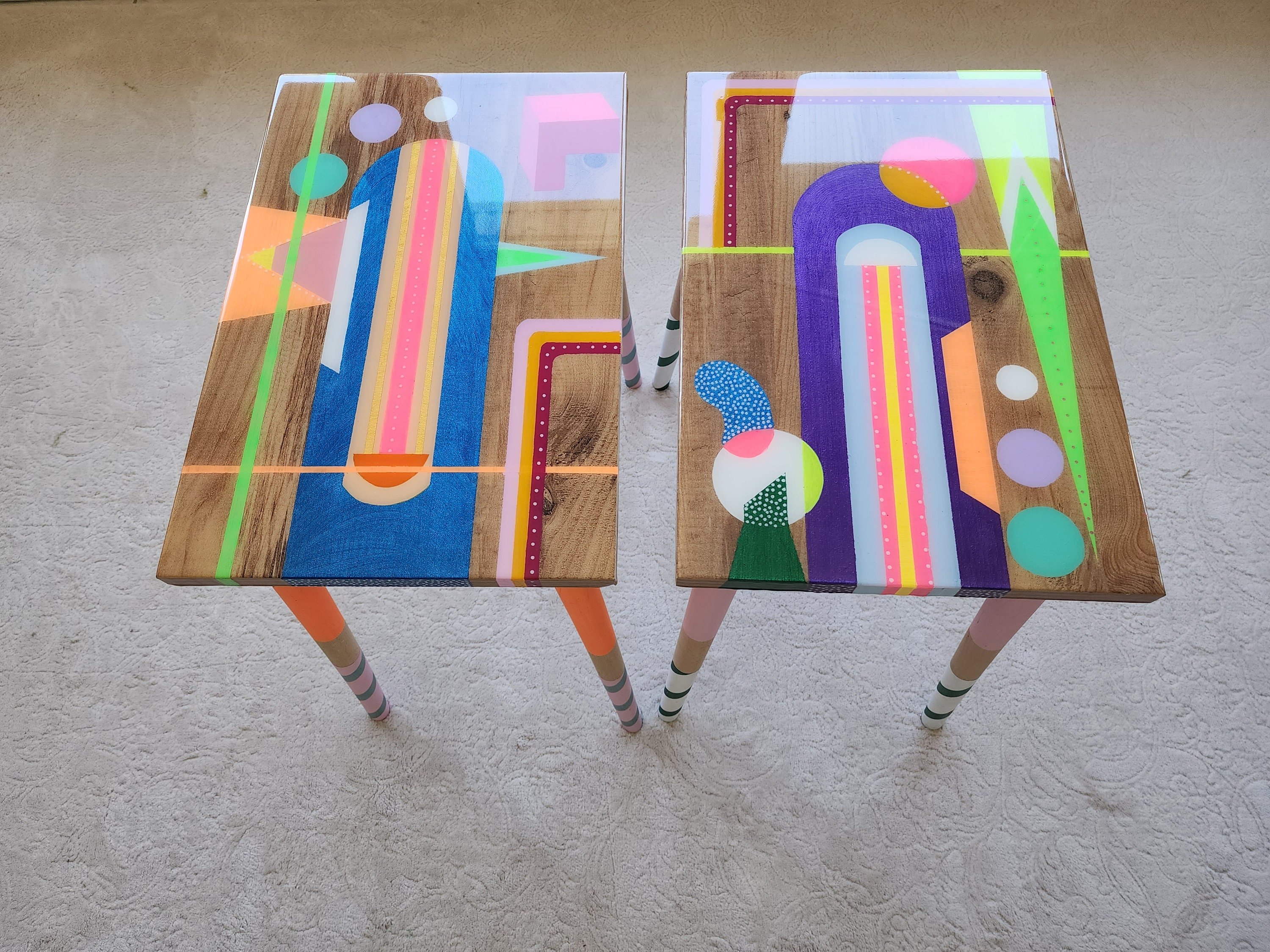 Abstract Cool Epoxy Resin Colorful Side End Tables,Rainbow Funky Groovy Vibrant Retro Modern Unique Eclectic Geometric Sofa Art Design Table