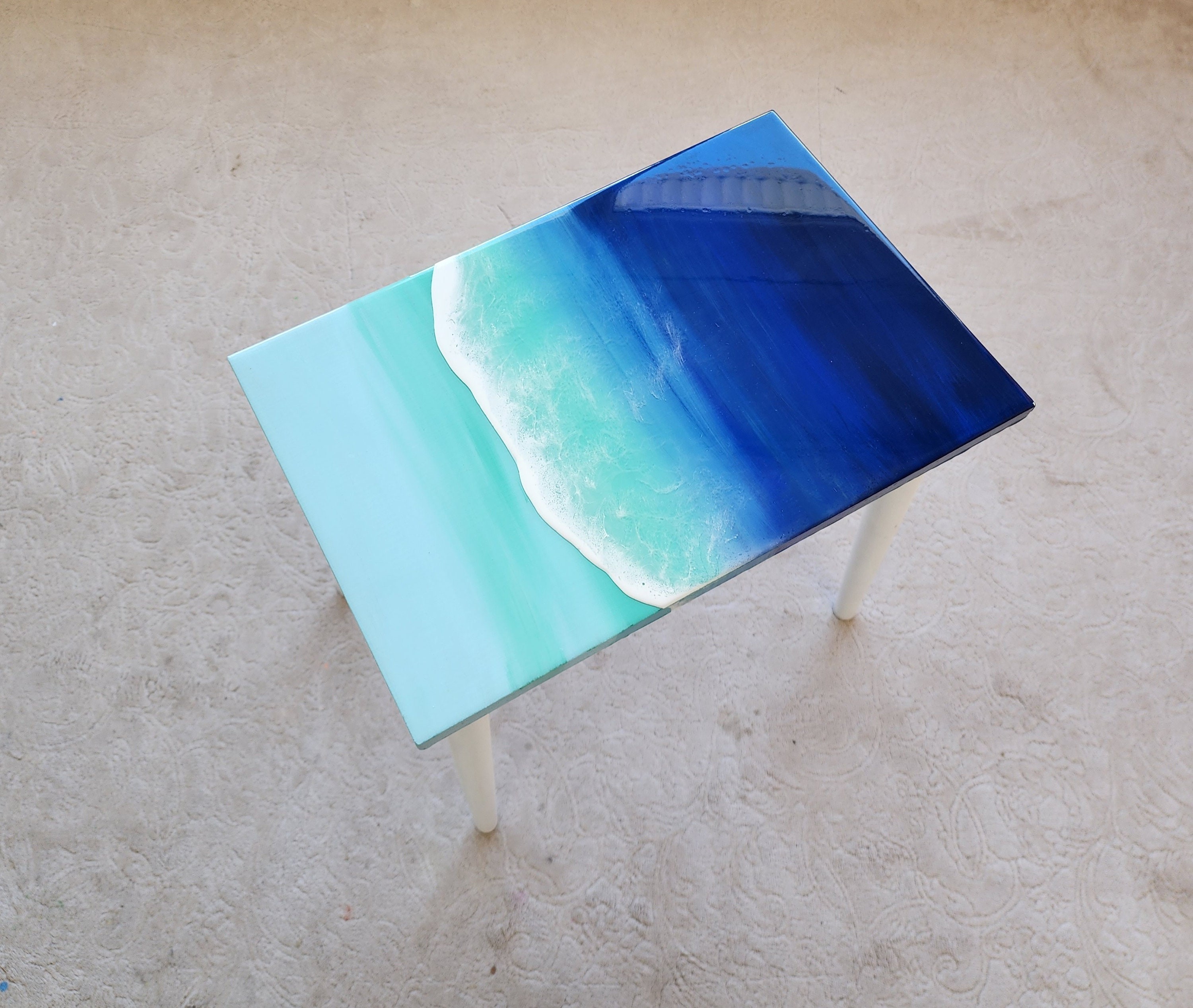 Natural Epoxy Resin Coffee Beach Side Tables With Ocean Wave Design, Handmade Wooden Blue White Sea Tables In Nautical Style, Coastal Tables