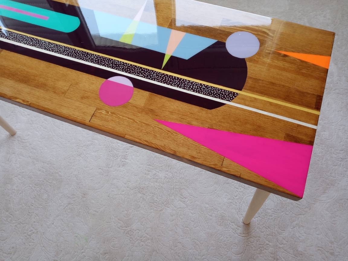 Colorful Mid Century Modern Resin Side Coffee Table, Abstract Vintage Retro Eclectic Living Room Pop Art Custom Made Unique Boho Cute Table