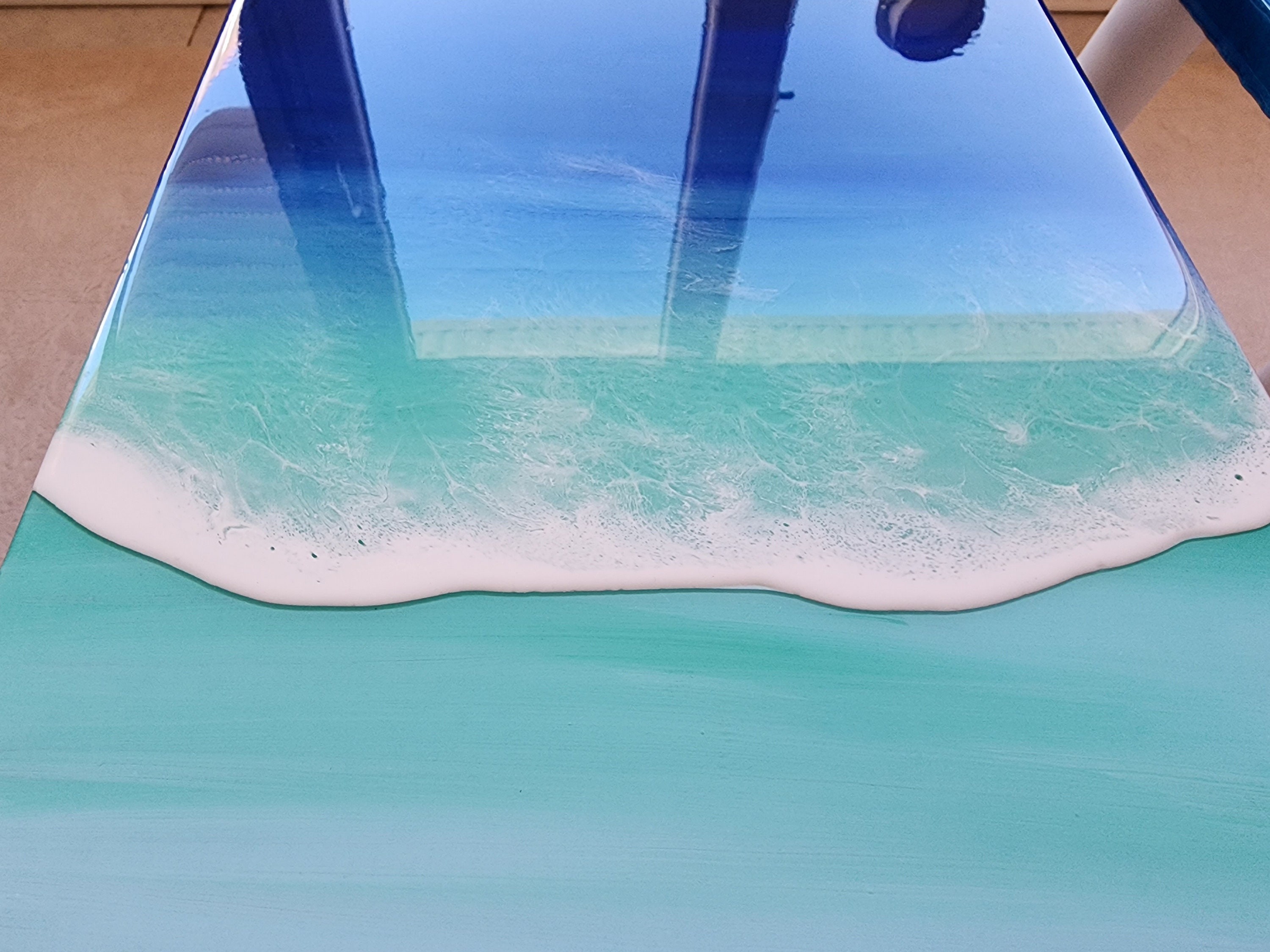 Natural Epoxy Resin Coffee Beach Side Tables With Ocean Wave Design, Handmade Wooden Blue White Sea Tables In Nautical Style, Coastal Tables