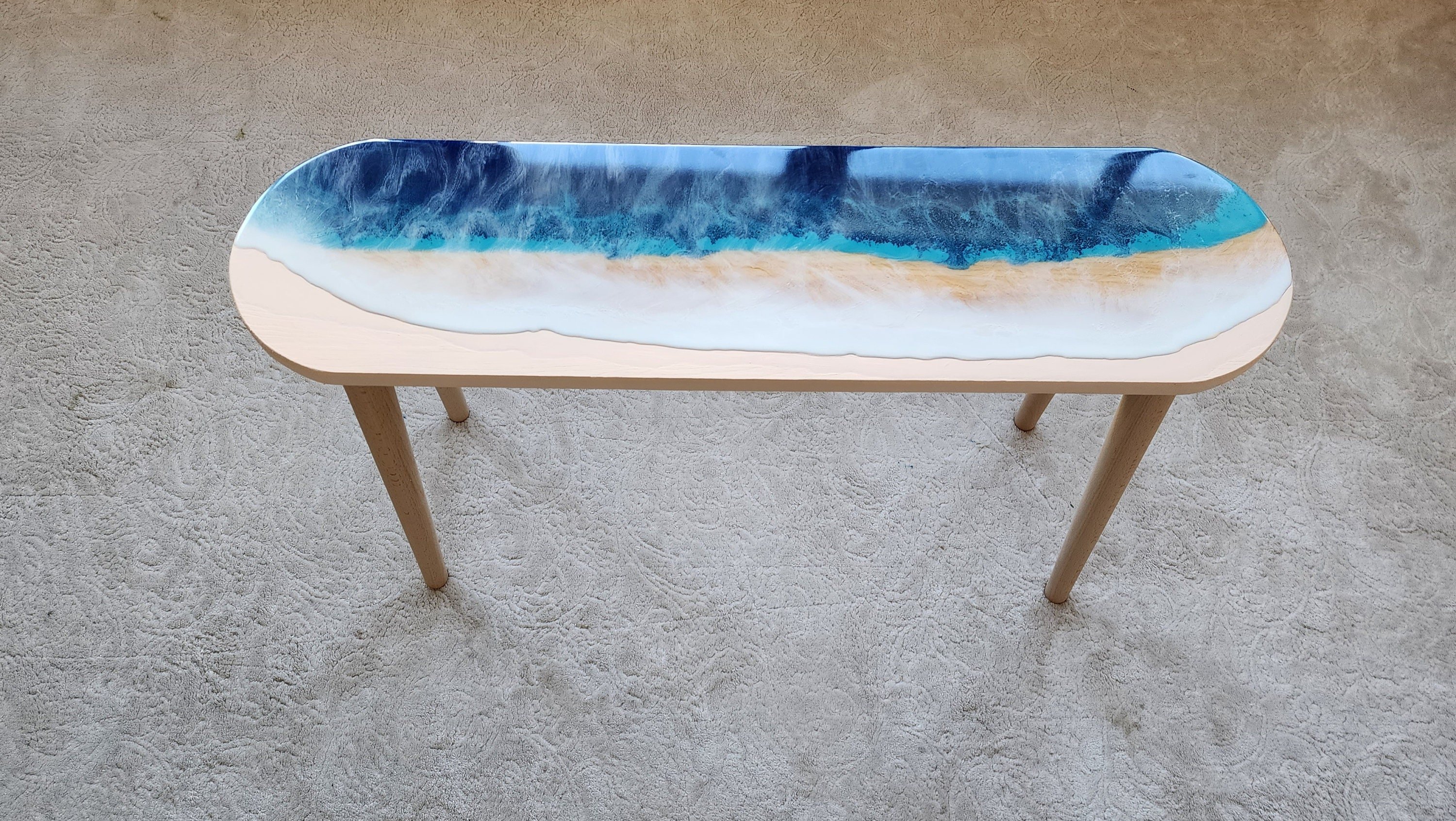 Natural Oval Epoxy Resin Ocean Wave Side Coffee Table, Beach House Decor Blue Coastal Nautical Sea Themed Entryway Bedside Bedroom End Table