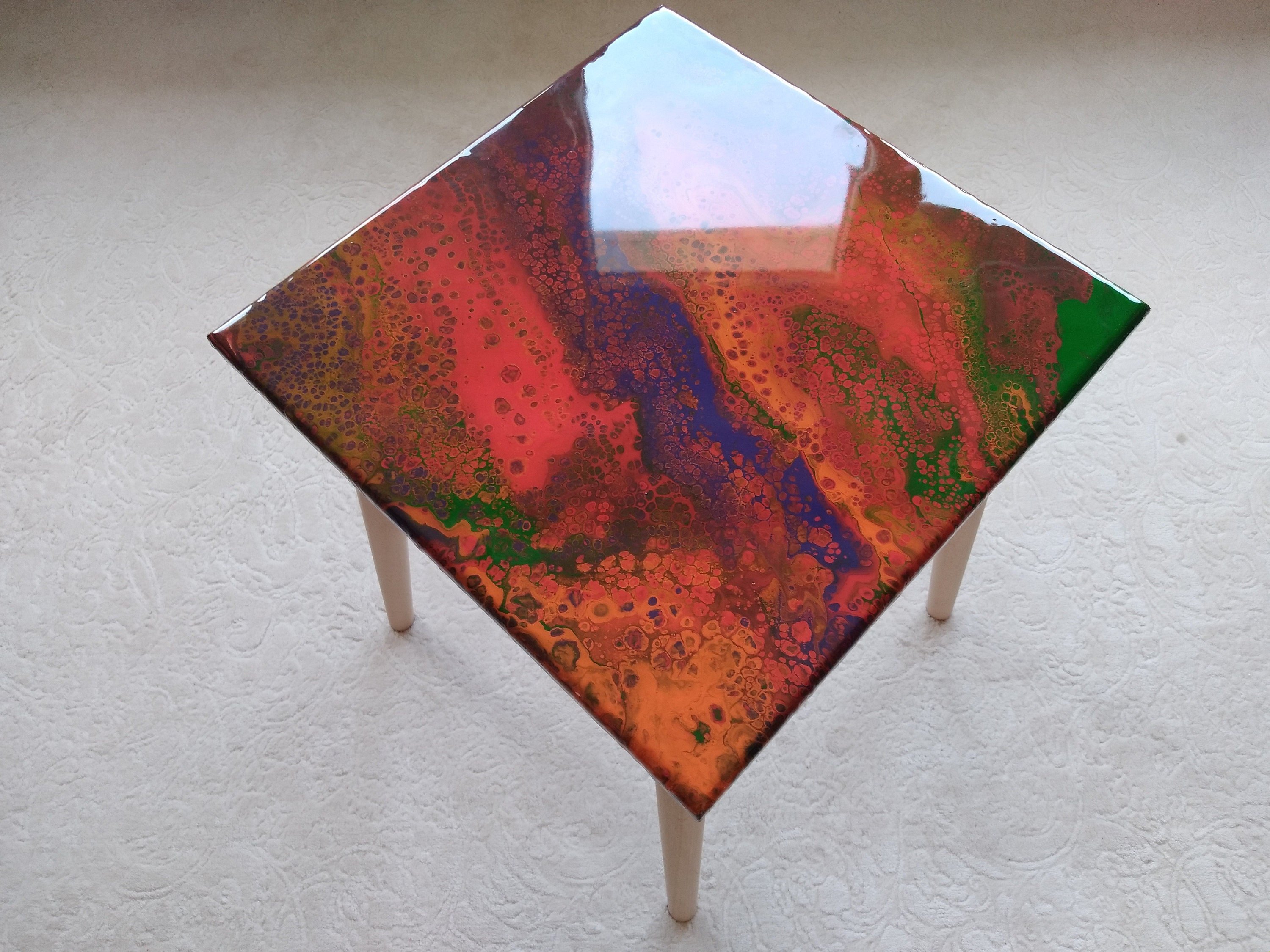 Small Boho Resin Wood Side Coffee Table, Modern Square Wooden Red Blue Unique End Low Sofa Bedside Bedroom Abstract Epoxy Art Coffee Table