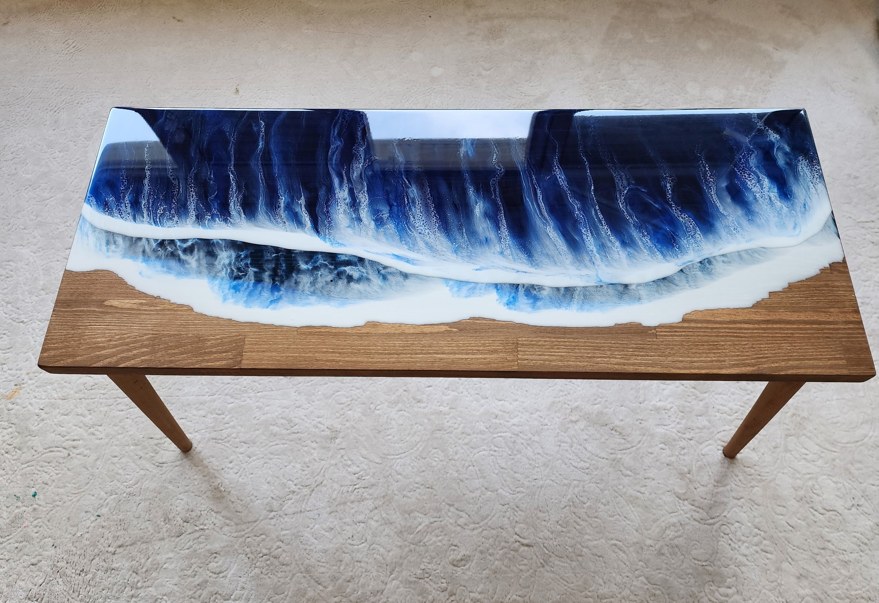 Natural Ocean Wave Blue Epoxy Resin Side Table, Wooden Beach Themed Living Room Bedroom Entryway Nautical Cool End Sofa Sea Art Coffee table