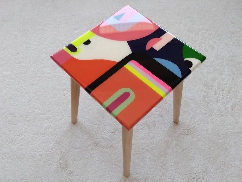 Abstract Modern Colorful Resin Side Coffee Tables, Funky Retro Art Furniture Cool Living Room Sofa Live Edge Wooden Vintage Epoxy End Table