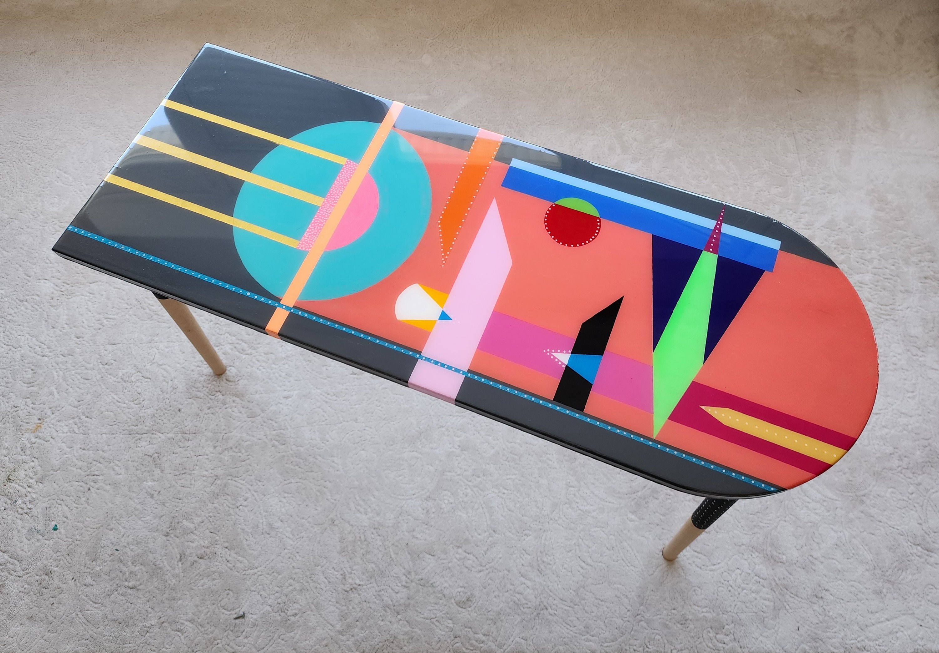 Unusual Colorful Abstract Funky Epoxy Resin Coffee Table, Modern Handmade Cool Eclectic Retro Boho Pop Art Black Pink Side End Center Table