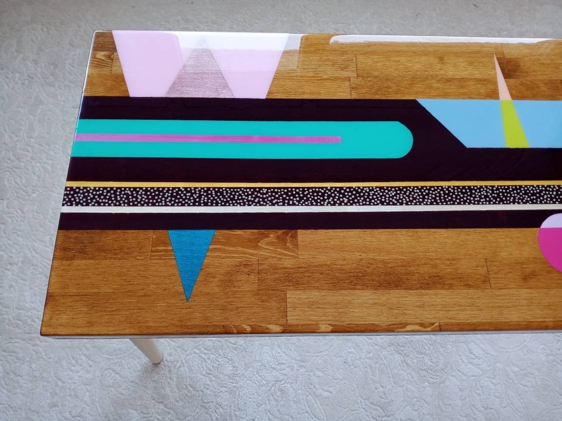 Colorful Mid Century Modern Resin Side Coffee Table, Abstract Vintage Retro Eclectic Living Room Pop Art Custom Made Unique Boho Cute Table