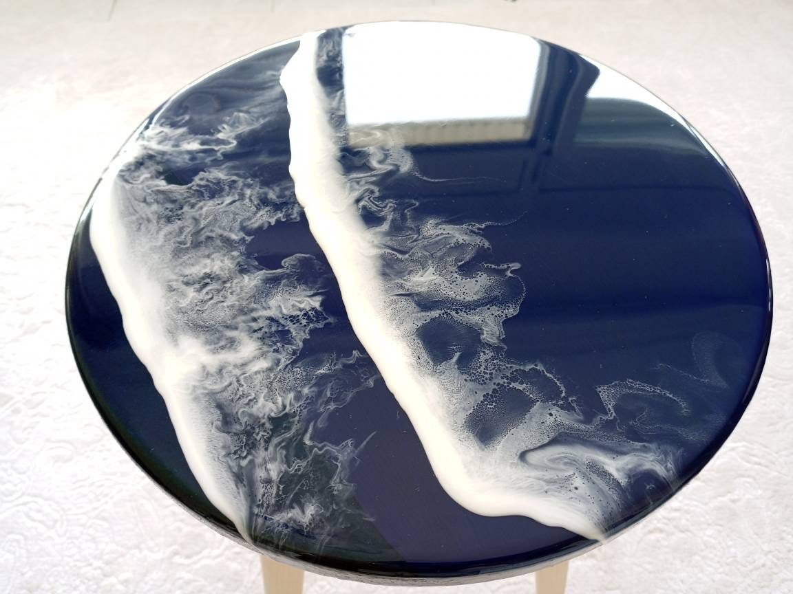 Round Ocean Wave Natural Resin Side Coffee Table,Beach Art Design Modern Small Wooden Sofa End Unique Living Room,Bedroom Bedside Cute Table